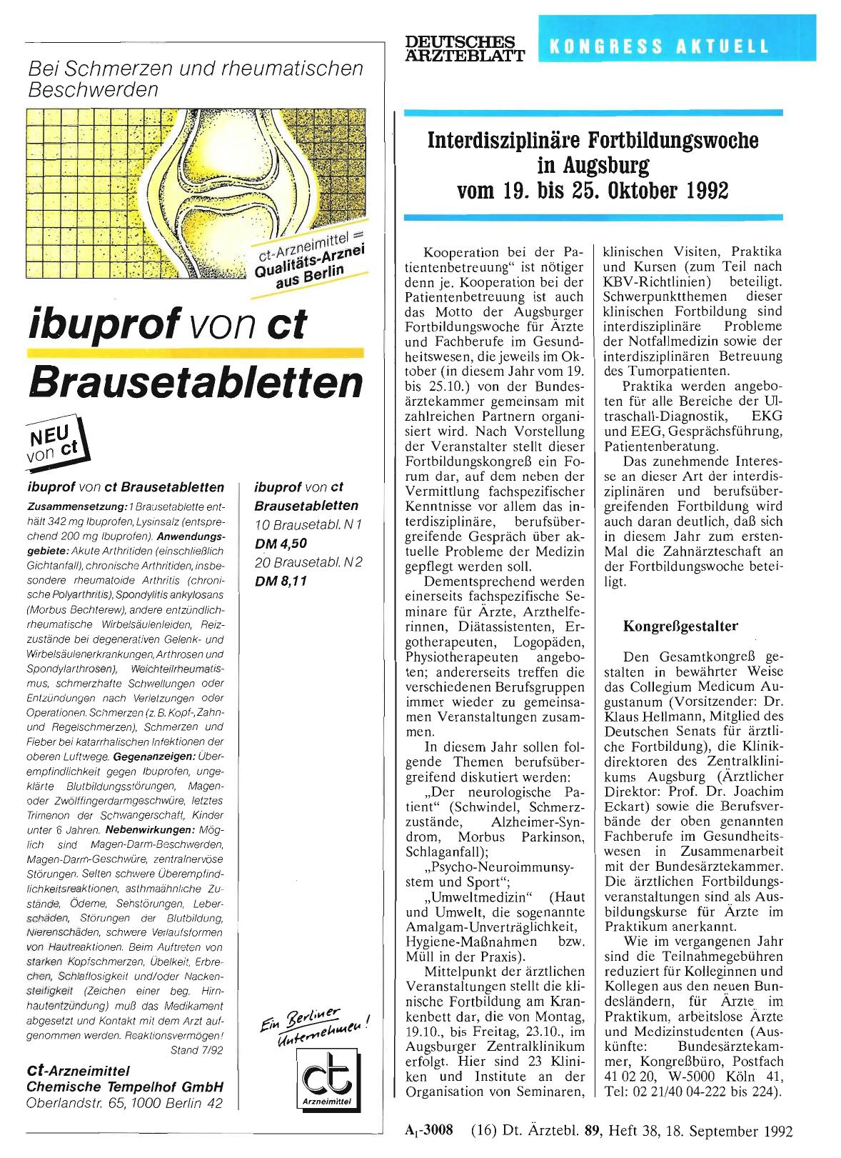 Vorschauseite 1: Interdisziplinäre Fortbildungswoche in Augsburg vom 19. bis 25. Oktober 1992
