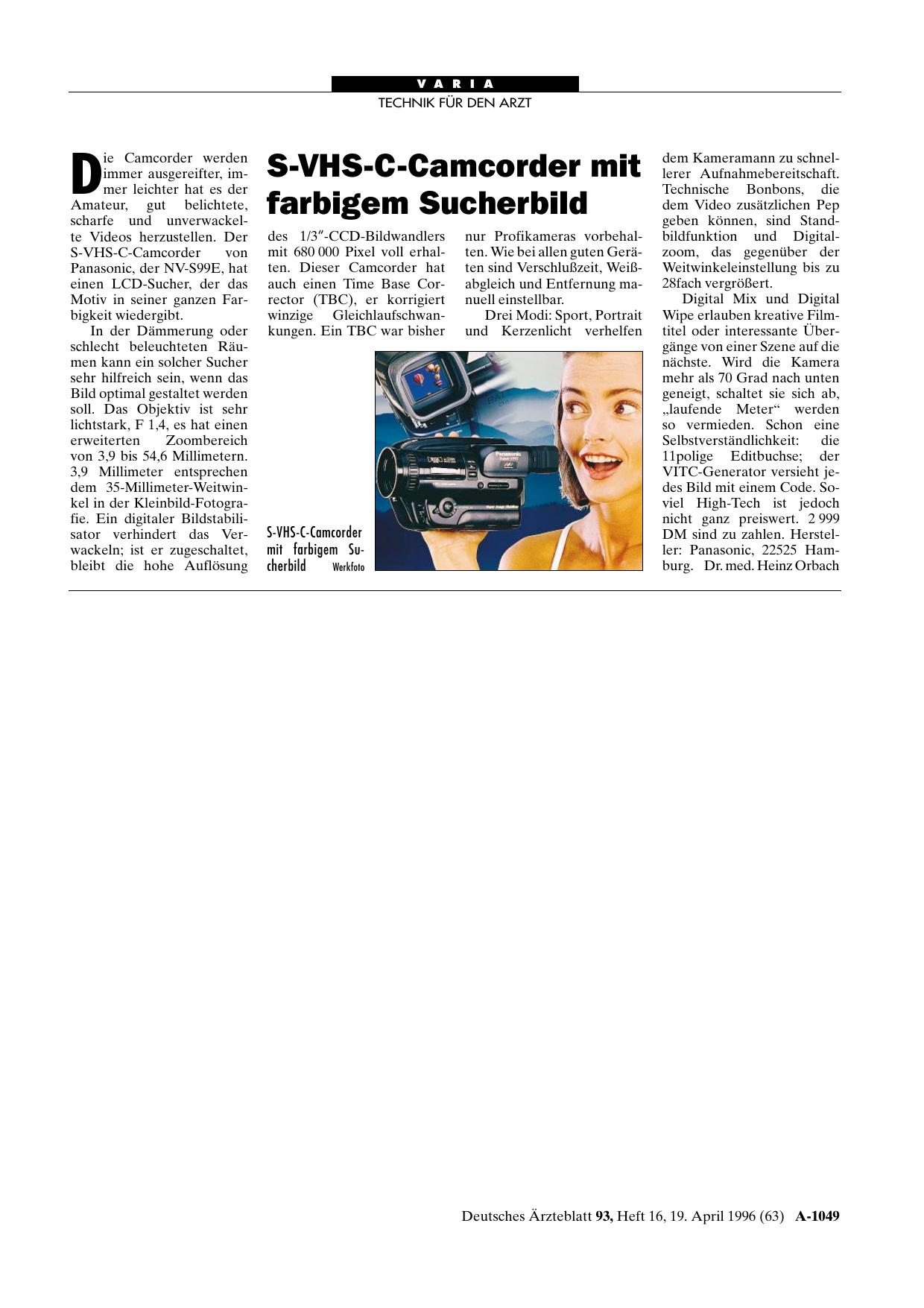 Vorschauseite 1: S-VHS-C-Camcorder mit farbigem Sucherbild
