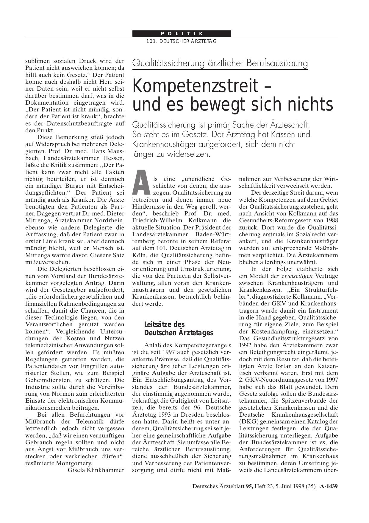Vorschauseite 1: Qualitätssicherung ärztlicher Berufsausübung: Kompetenzstreit - und es bewegt sich nichts