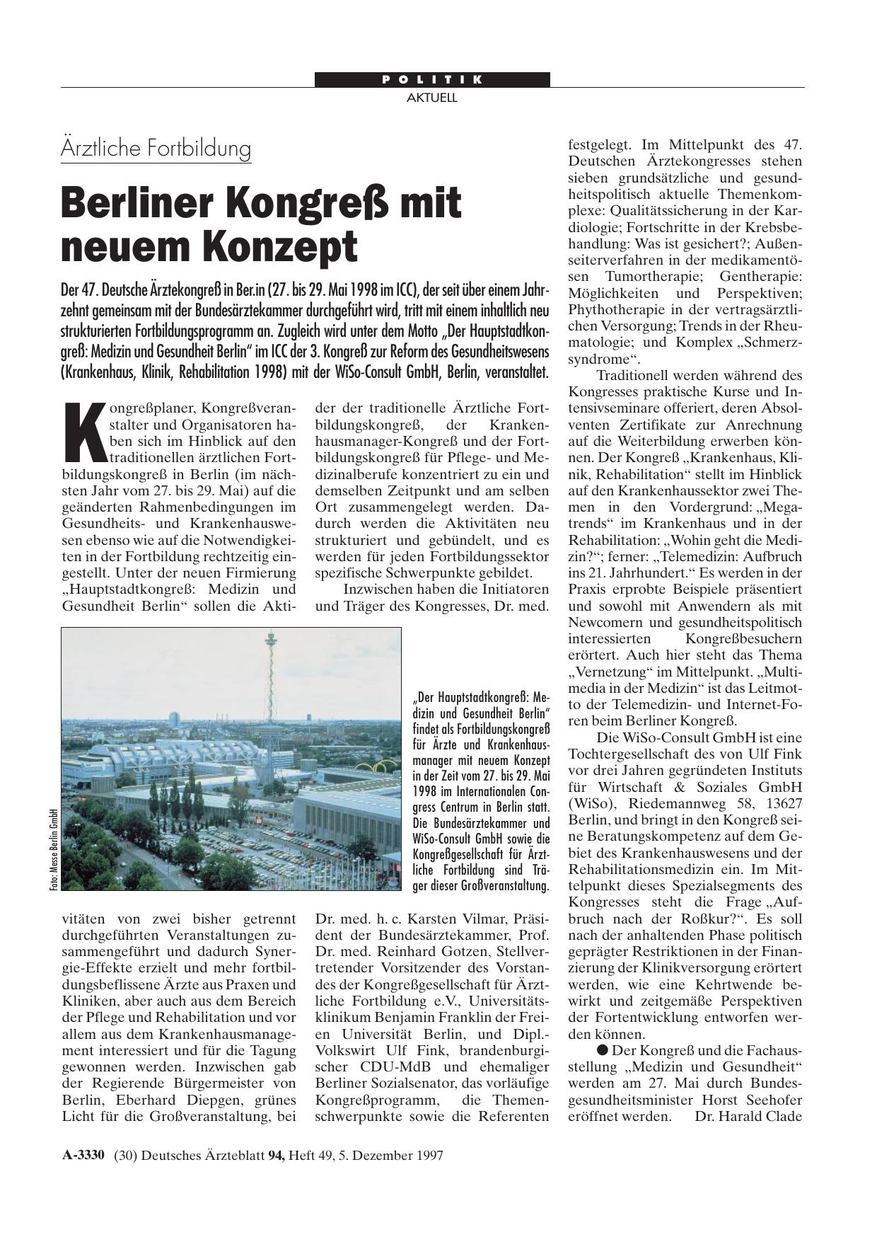 Vorschauseite 1: Ärztliche Fortbildung: Berliner Kongreß mit neuem Konzept