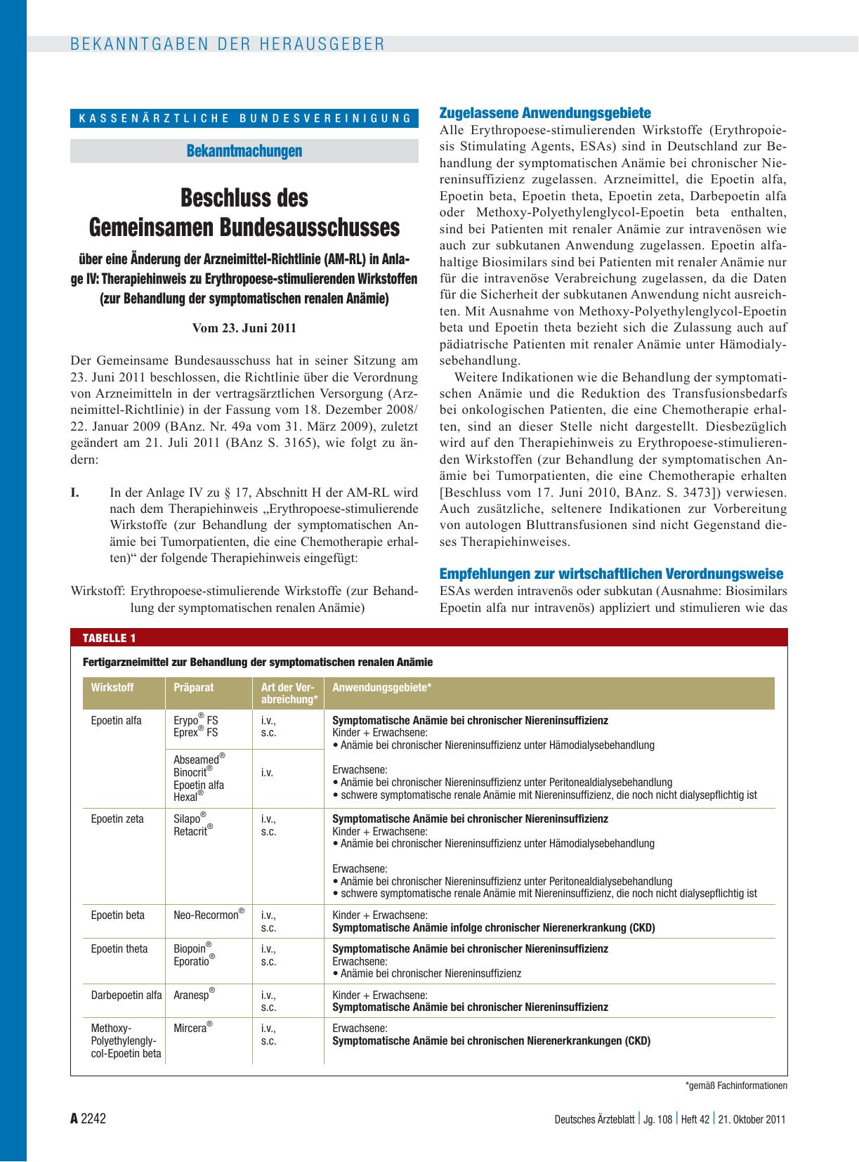 Vorschauseite 1: Beschluss des Gemeinsamen Bundesausschusses über eine Änderung der Arzneimittel-Richtlinie (AM-RL) in Anla ge IV: Therapiehinweis zu Erythropoese-stimulierenden Wirkstoffen (zur B…