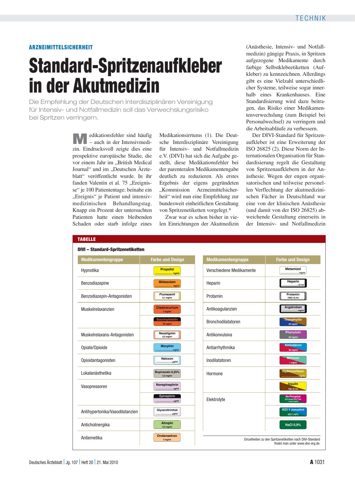 Vorschauseite 1: Arzneimittelsicherheit: Standard-Spritzenaufkleber in der Akutmedizin