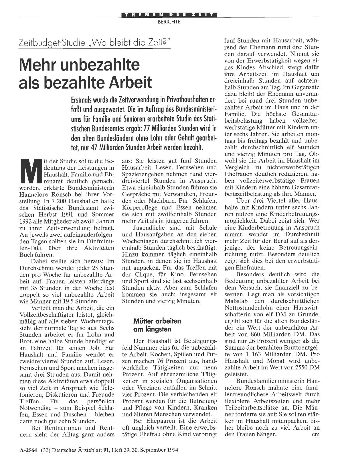 Vorschauseite 1: Zeitbudget-Studie „Wo bleibt die Zeit? “: Mehr unbezahlte als bezahlte Arbeit
