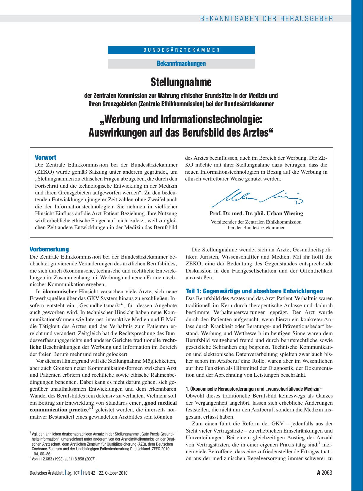 Vorschauseite 1: Stellungnahme der Zentralen Kommission zur Wahrung ethischer Grundsätze in der Medizin und ihren Grenzgebieten (Zentrale Ethikkommission) bei der Bundesärztekammer: „Werbung und I…