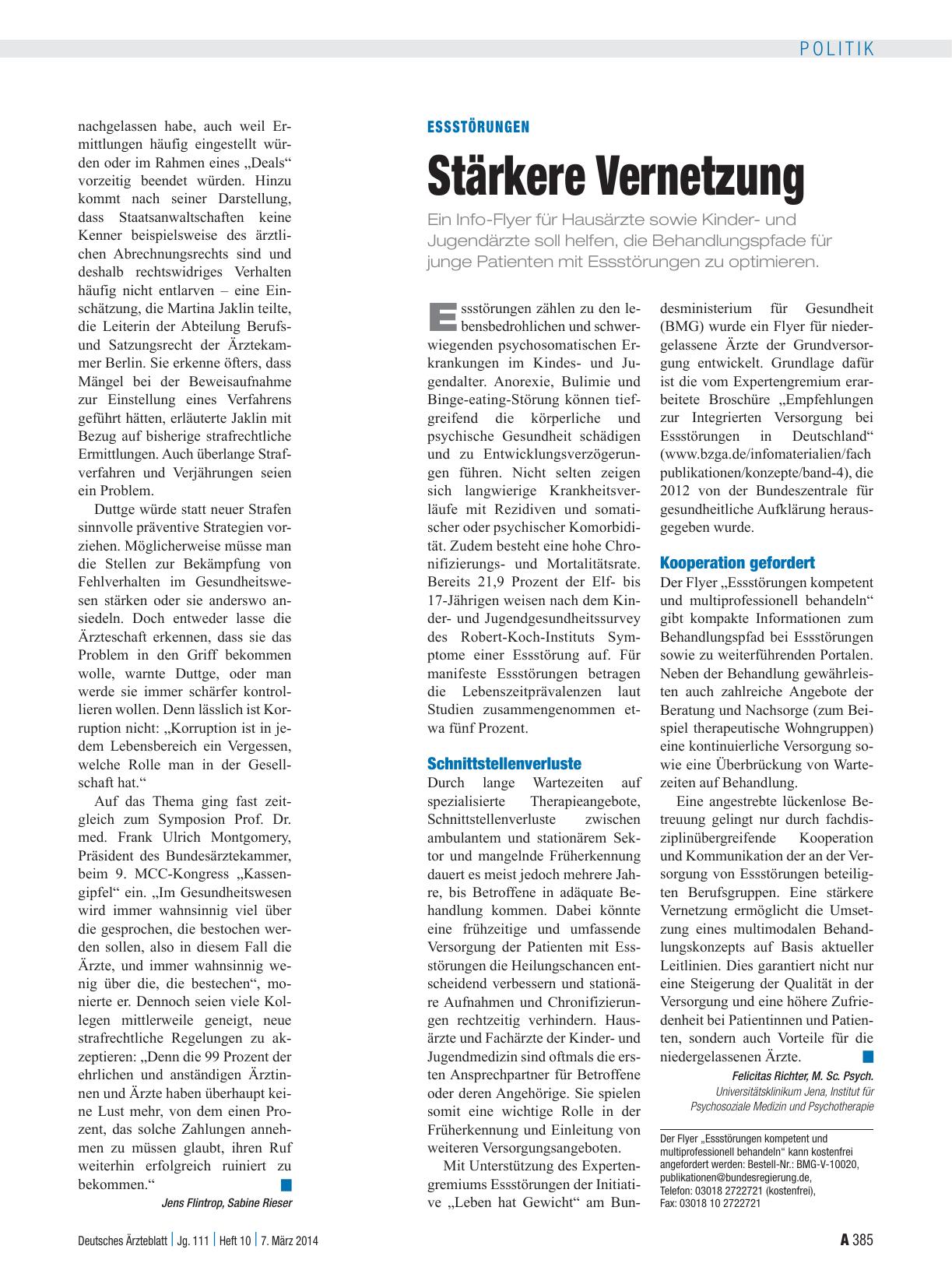 Vorschauseite 1: Essstörungen: Stärkere Vernetzung