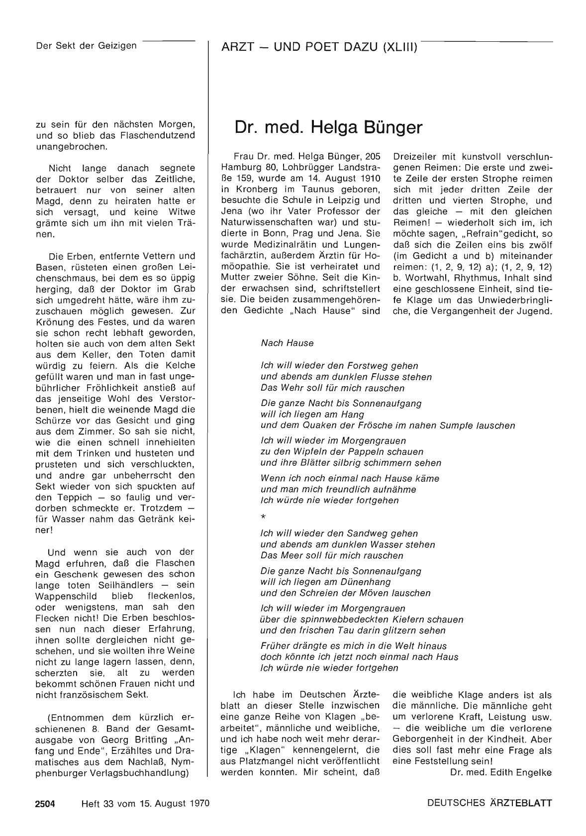 Vorschauseite 1: Arzt — und Poet dazu (XLIII): Dr. med. Helga Bünger