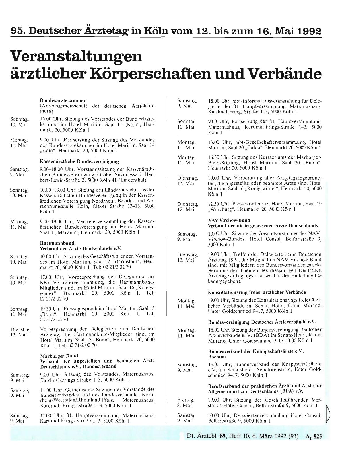 Vorschauseite 1: 95. Deutscher Ärztetag in Köln vom 12. bis zum 16. Mai 1992: Veranstaltungen ärztlicher Körperschaften und Verbände