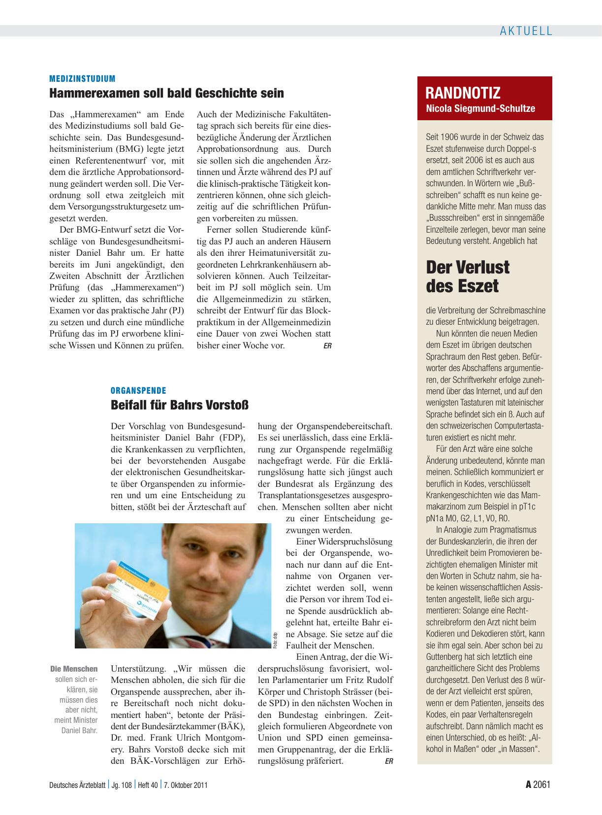 Vorschauseite 1: Organspende: Beifall für Bahrs Vorstoß