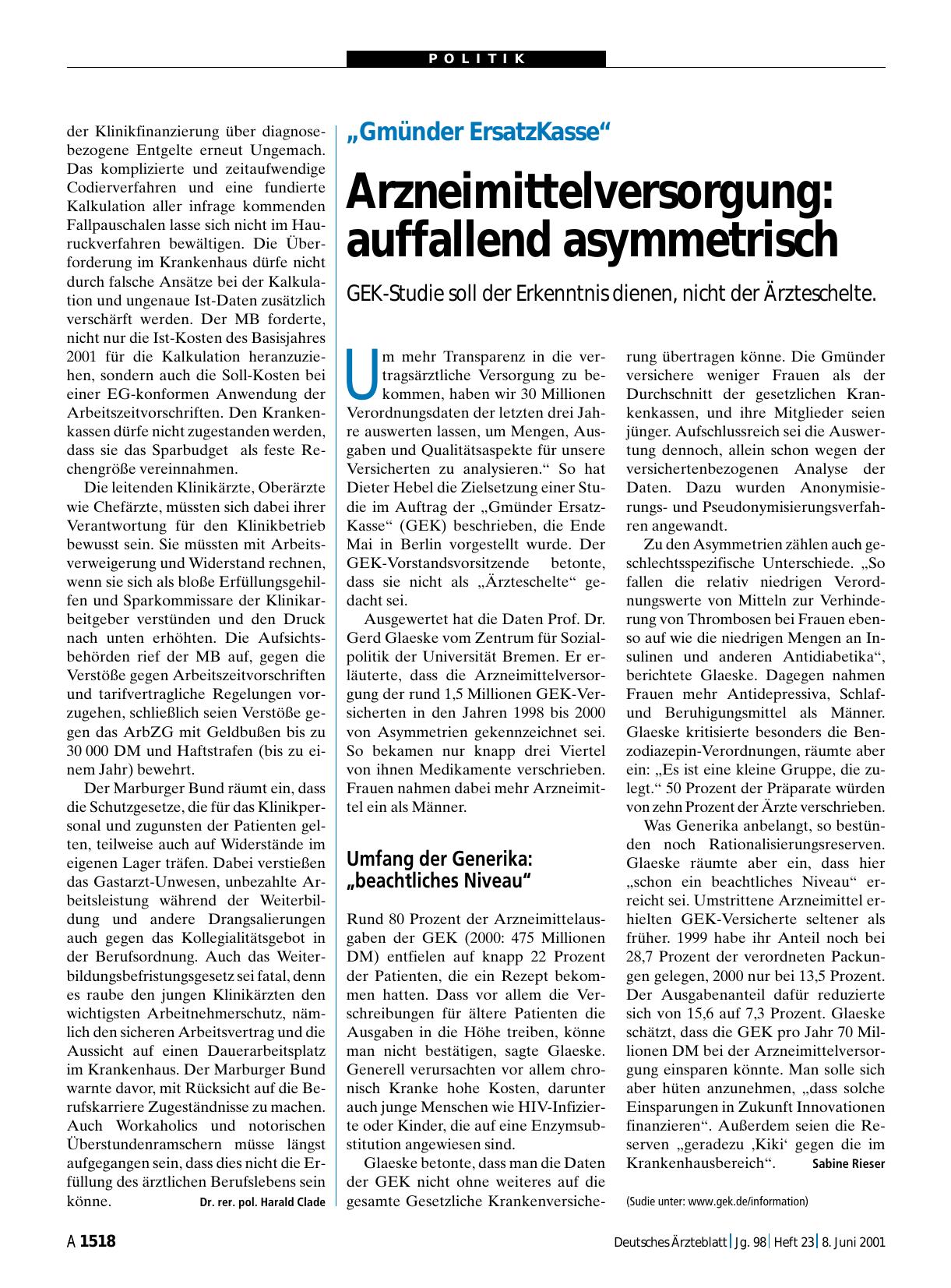 Vorschauseite 1: „Gmünder ErsatzKasse“: Arzneimittelversorgung - auffallend asymmetrisch