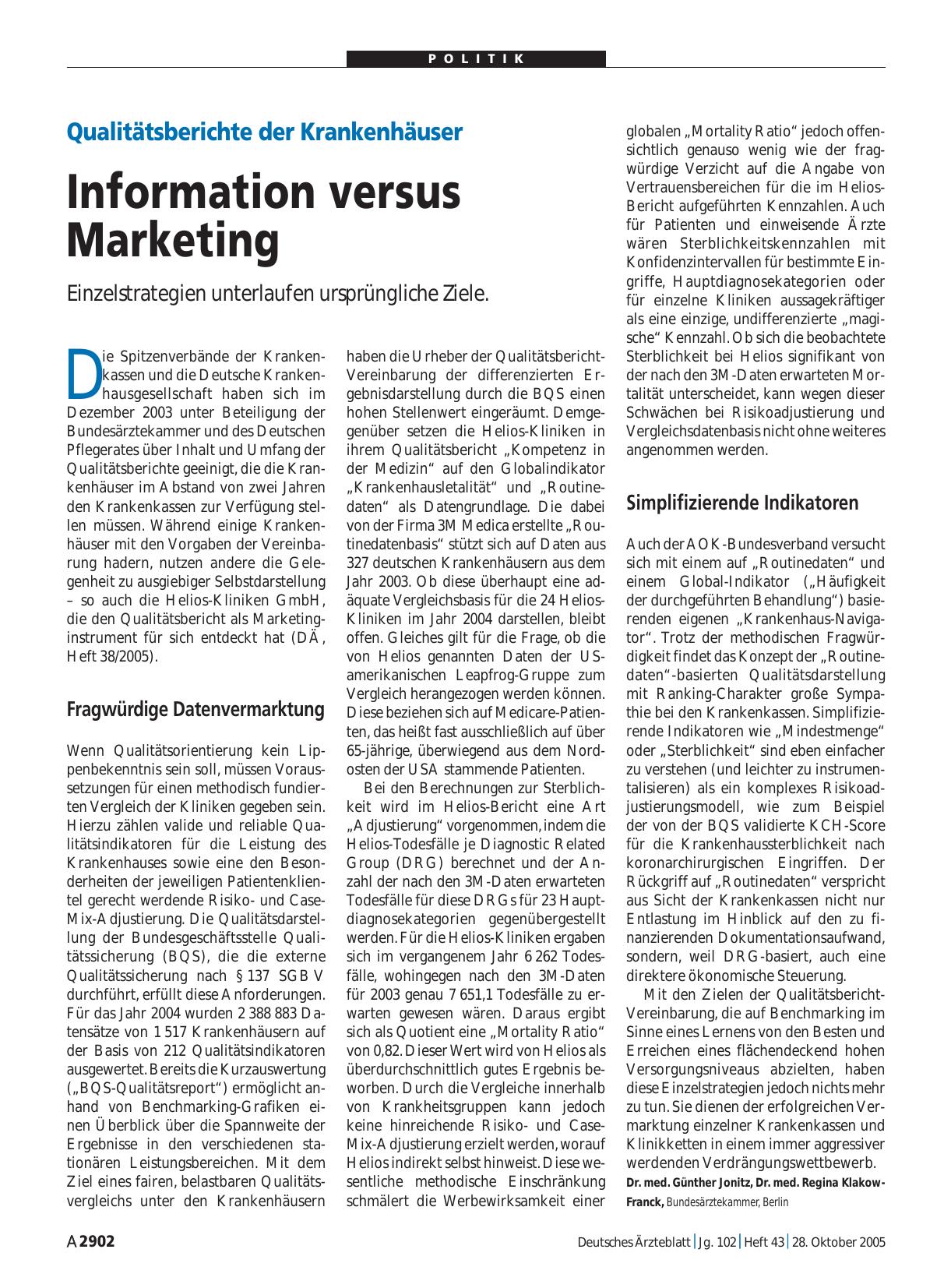 Vorschauseite 1: Qualitätsberichte der Krankenhäuser: Information versus Marketing