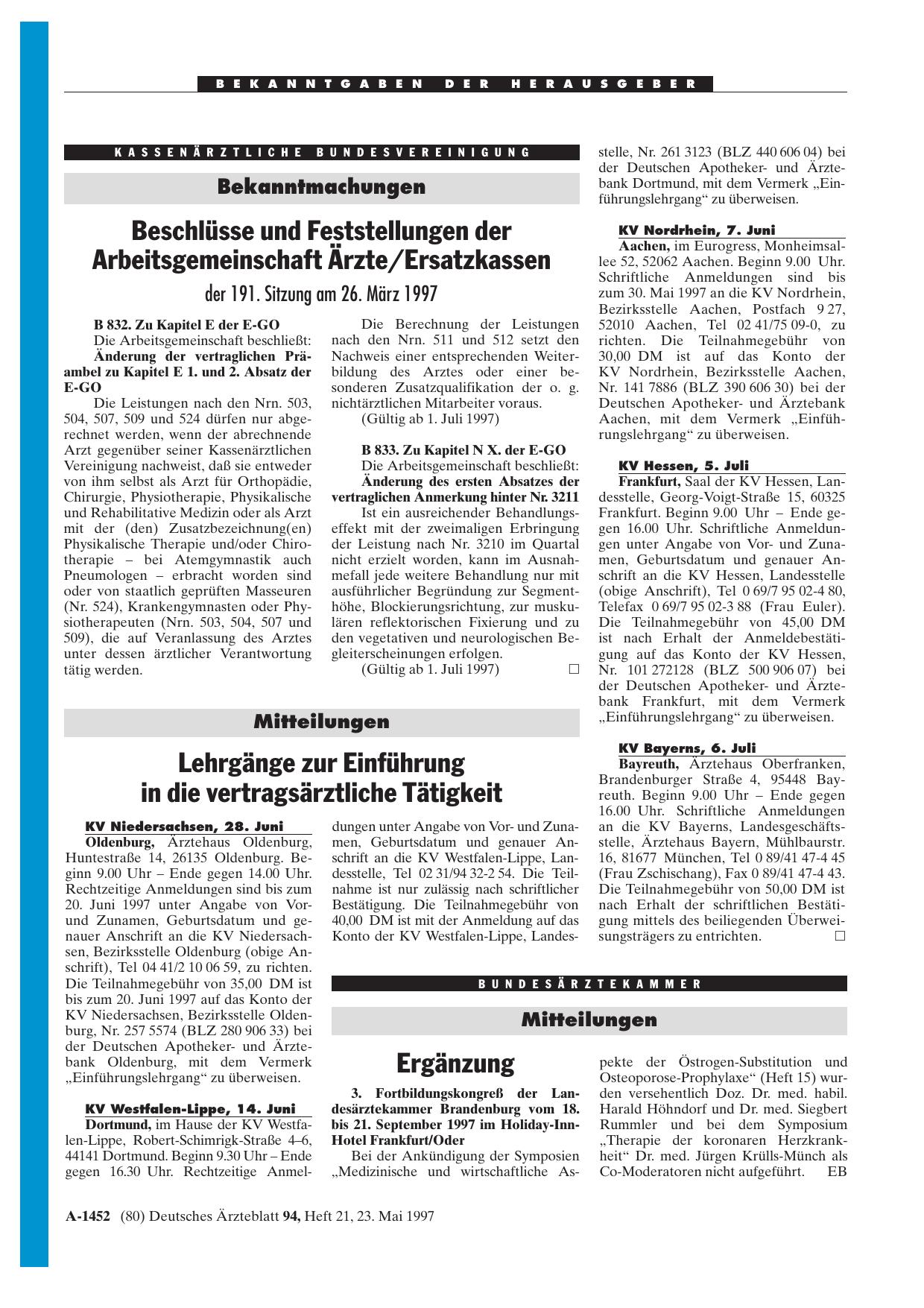 Vorschauseite 1: Mitteilungen: Lehrgänge zur Einführung in die vertragsärztliche Tätigkeit