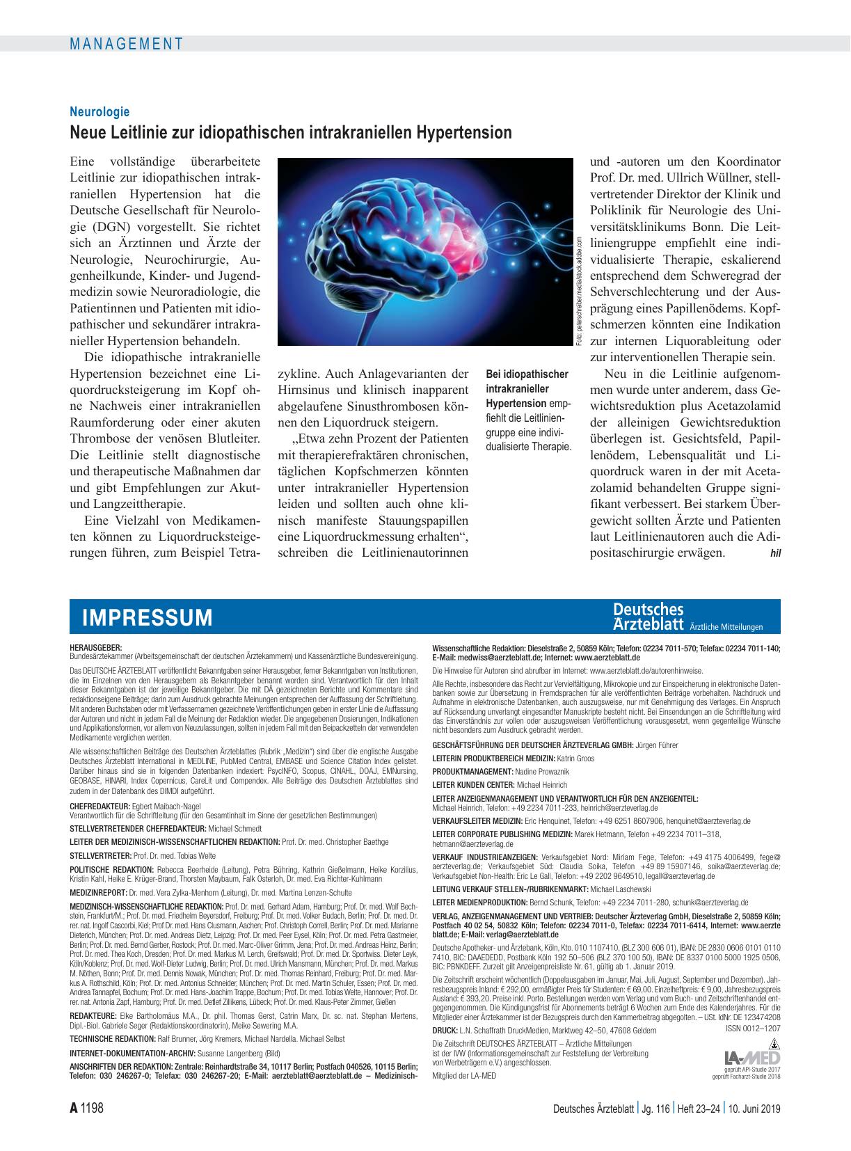 Vorschauseite 1: Neurologie: Neue Leitlinie zur idiopathischen intrakraniellen Hypertension