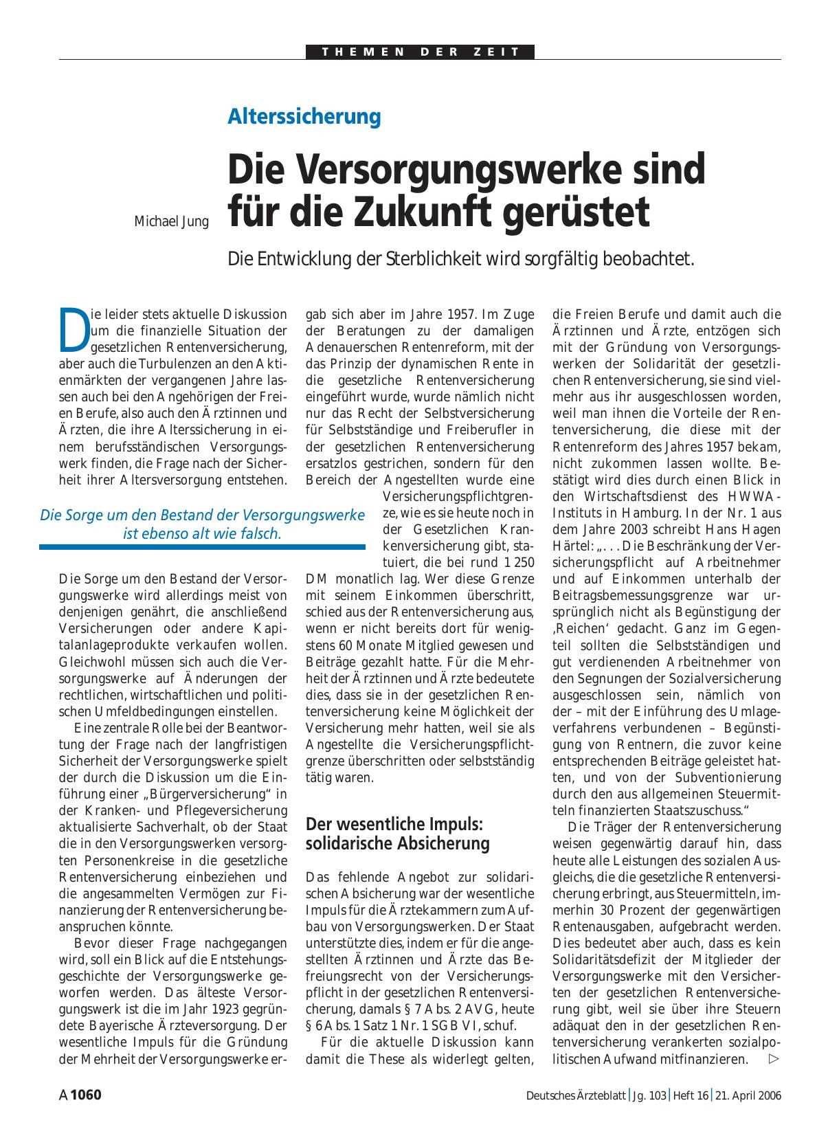 Vorschauseite 1: Alterssicherung: Die Versorgungswerke sind für die Zukunft gerüstet