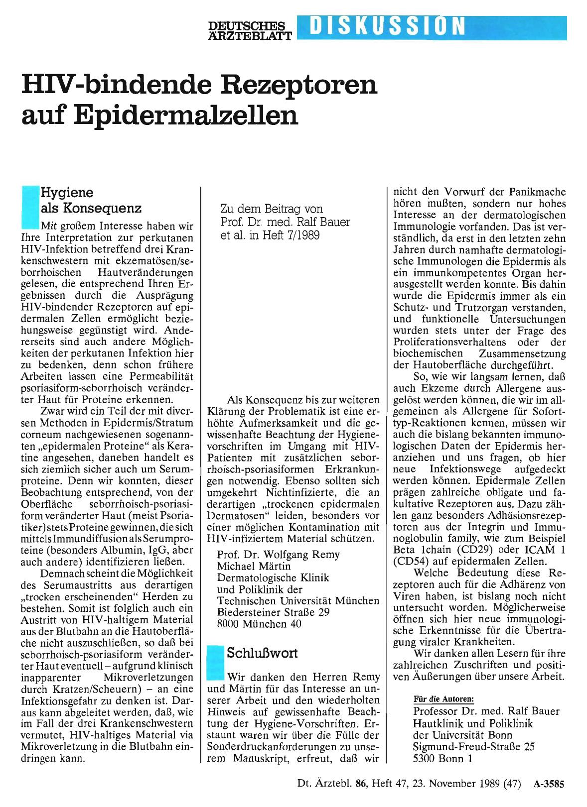 Vorschauseite 1: HIV-bindende Rezeptoren auf Epidermalzellen: Schlußwort