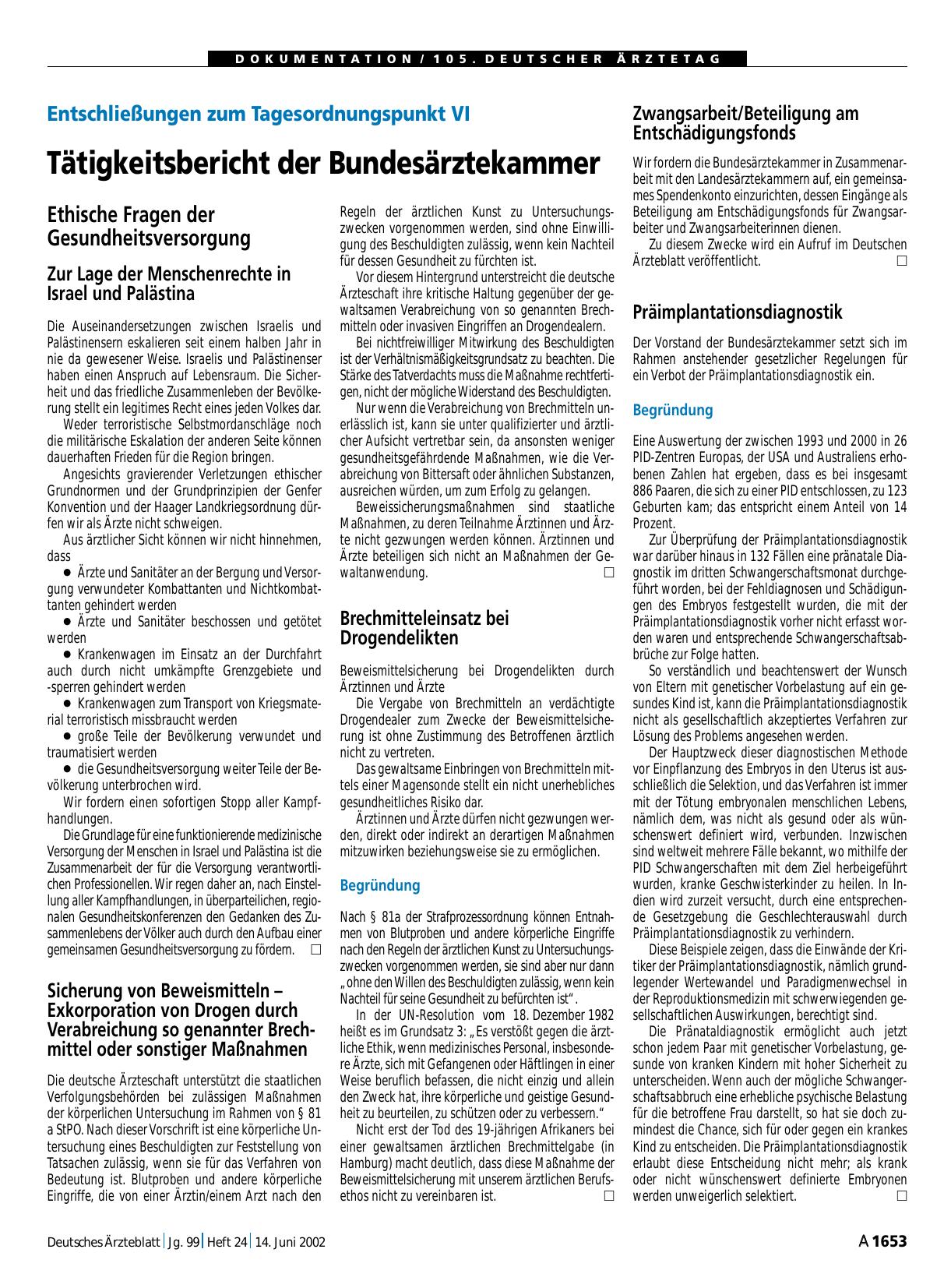 Vorschauseite 1: Entschließungen zum Tagesordnungspunkt VI: Tätigkeitsbericht der Bundesärztekammer
