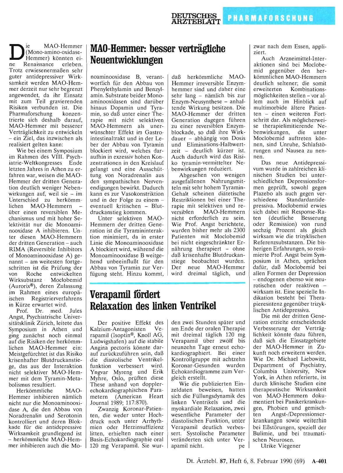 Vorschauseite 1: MAO-Hemmerz besser verträgliche Neuentwicklungen