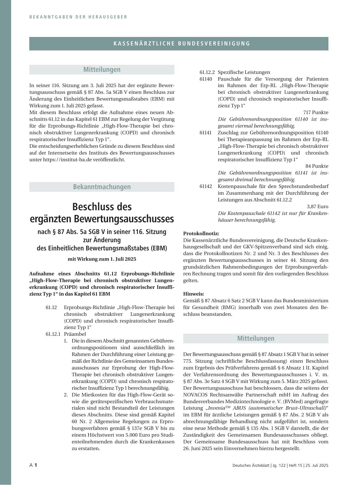 Vorschauseite 2: Beschluss des ergänzten Bewertungsausschusses nach § 87 Abs. 5a SGB V in seiner 116. Sitzung zur Änderung des Einheitlichen Bewertungsmaßstabes (EBM)