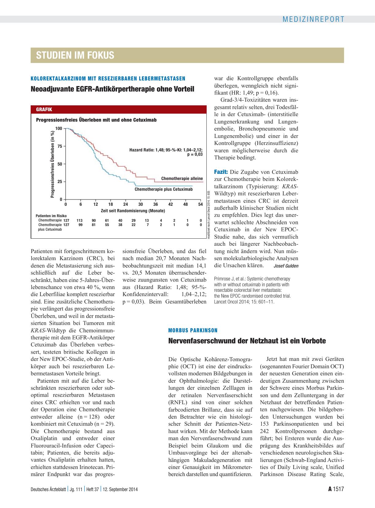 Vorschauseite 1: Kolorektalkarzinom mit Resezierbaren Lebermetastasen: Neoadjuvante EGFR-Antikörpertherapie ohne Vorteil
