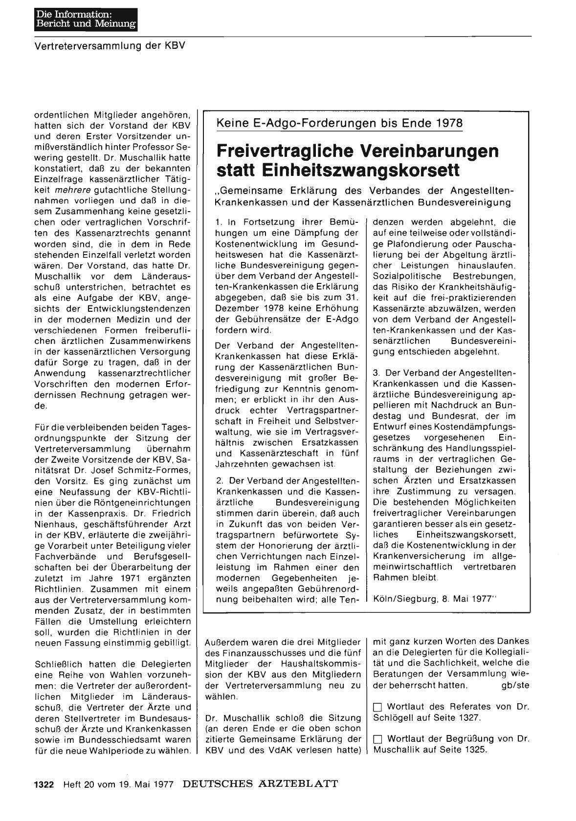 Vorschauseite 1: Keine E-Adgo-Forderungen bis Ende 1978: Freivertragliche Vereinbarungen statt Einheitszwangskorsett - „Gemeinsame Erklärung des Verbandes der Angestellten-Krankenkassen und der Ka…