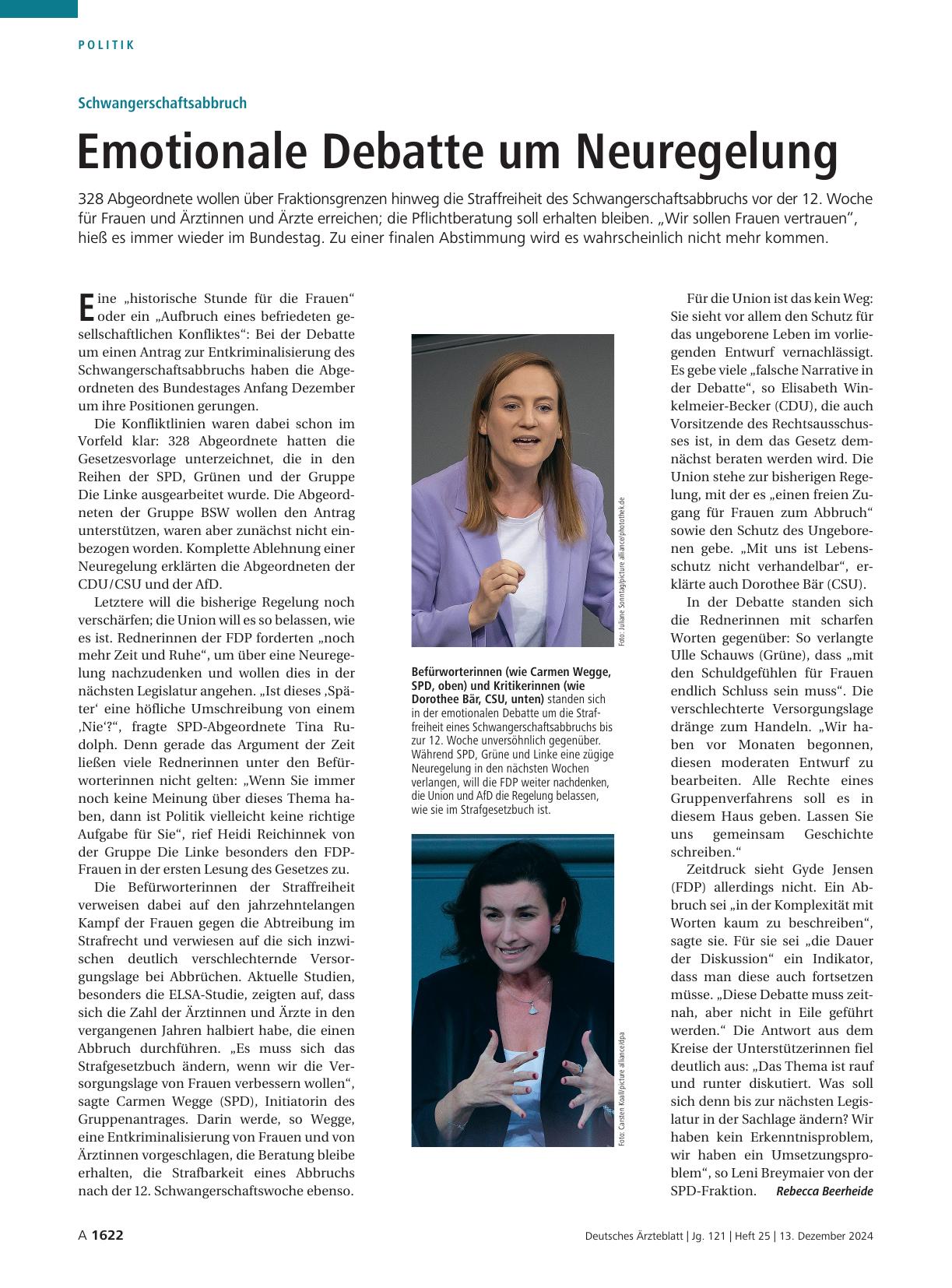 Vorschauseite 1: Schwangerschaftsabbruch: Emotionale Debatte um Neuregelung