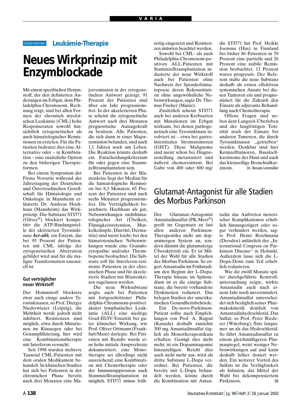 Vorschauseite 1: Glutamat-Antagonist für alle Stadien des Morbus Parkinson