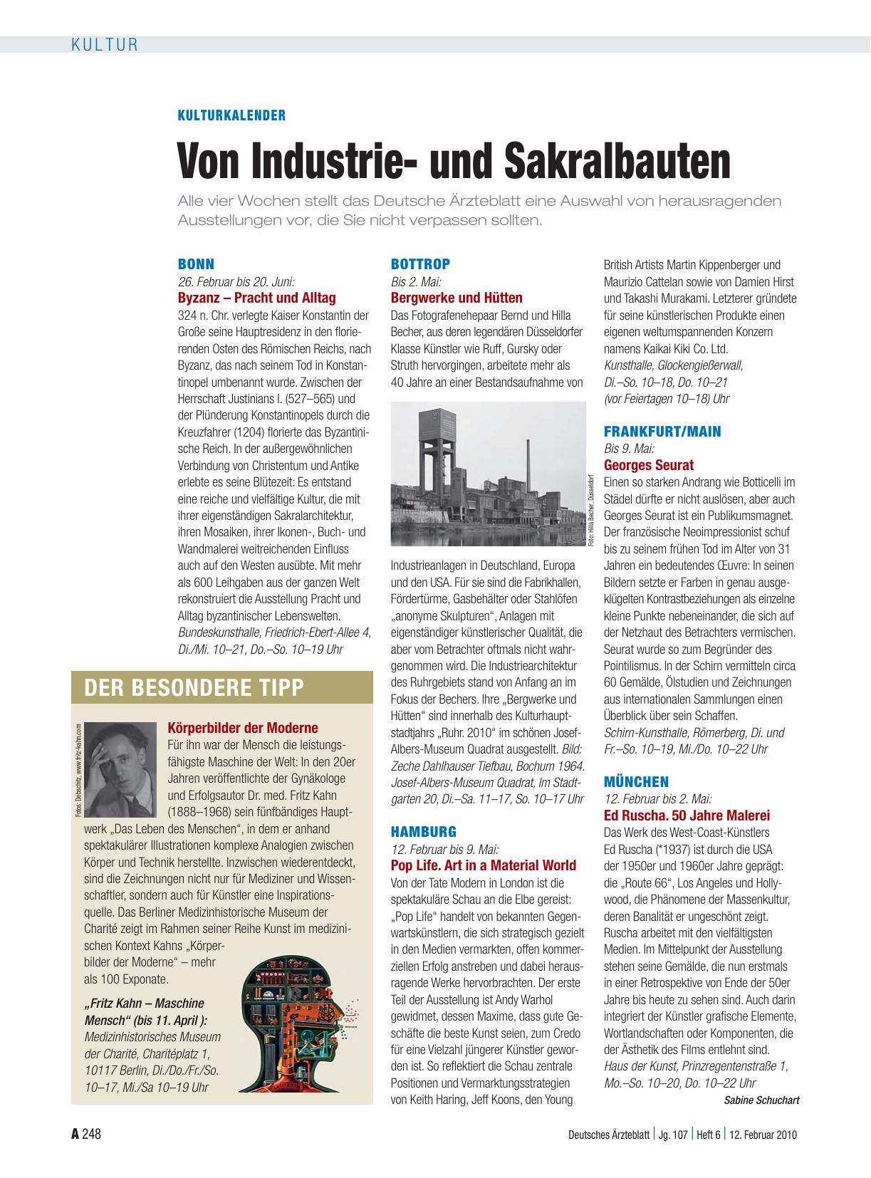 Vorschauseite 1: Kulturkalender: Von Industrieund Sakralbauten