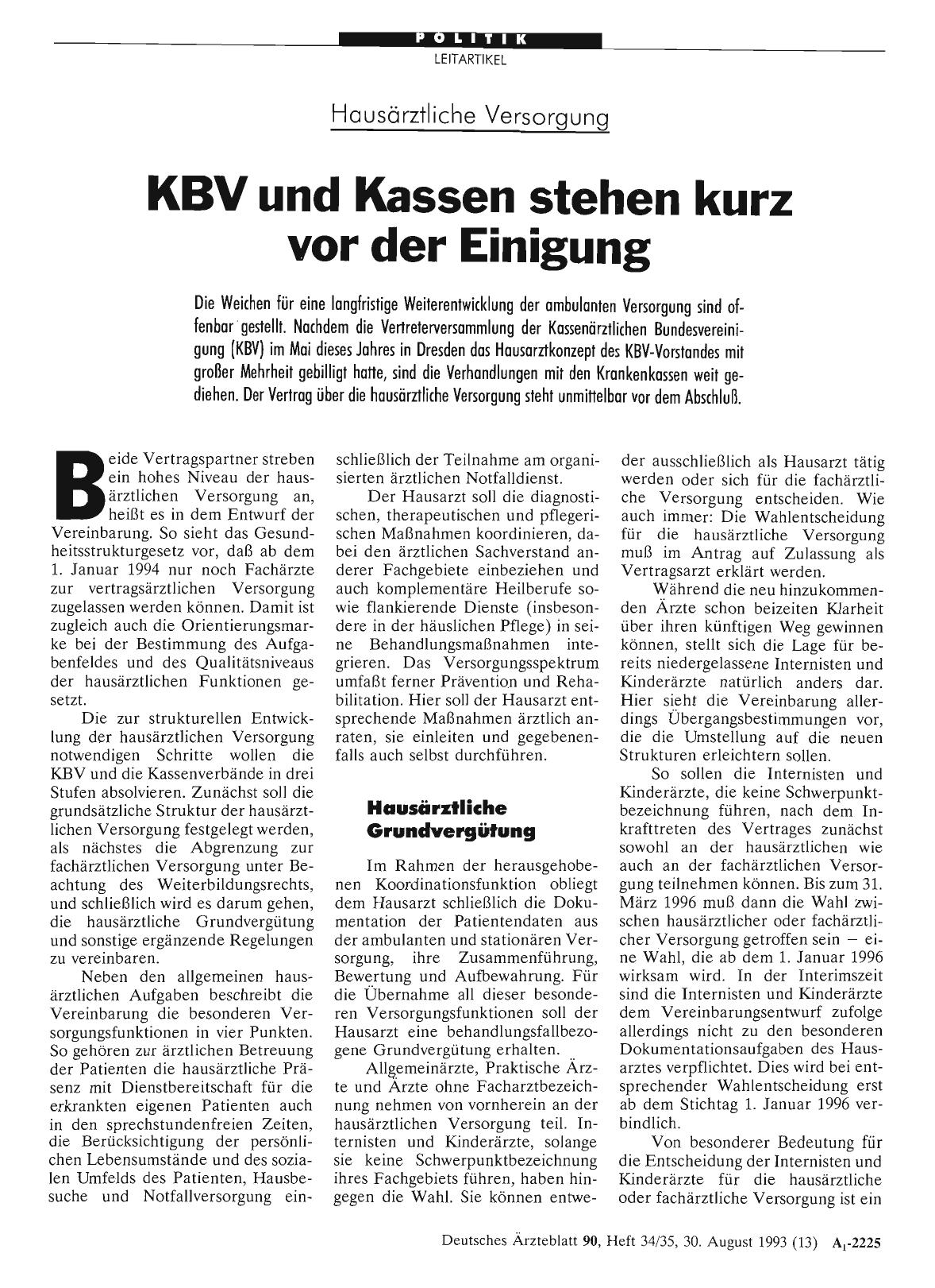 Vorschauseite 1: Hausärztliche Versorgung: KBV und Kassen stehen kurz vor der Einigung