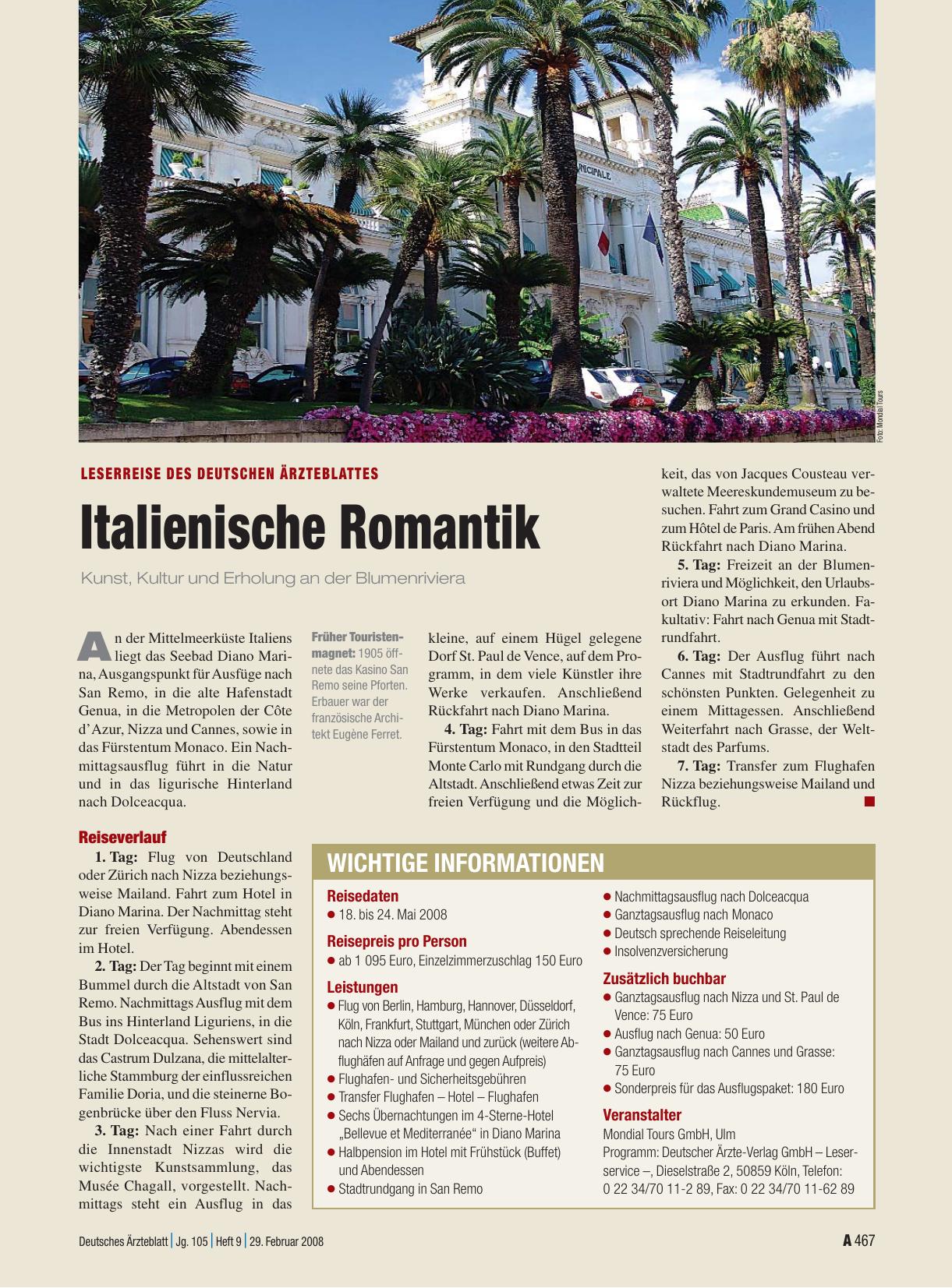 Vorschauseite 1: Leserreise des Deutschen Ärzteblattes: Italienische Romantik