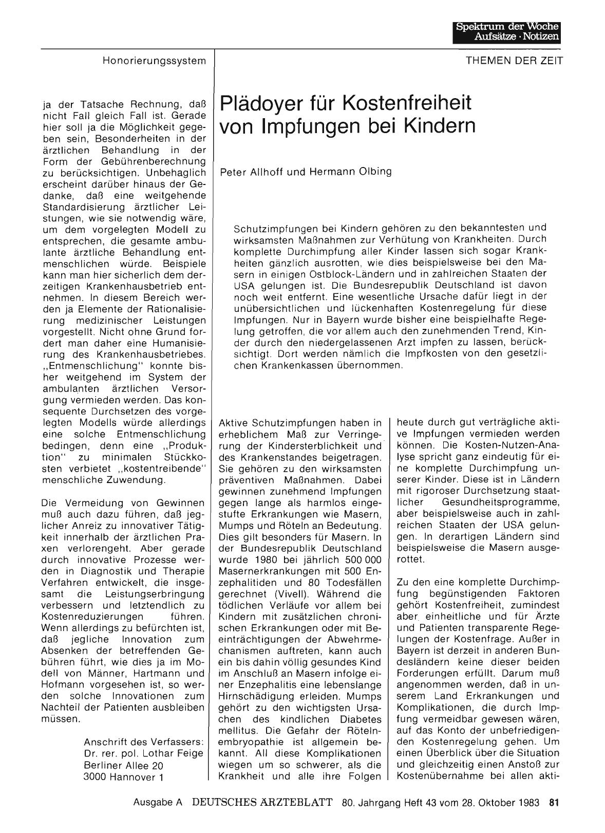 Vorschauseite 1: Plädoyer für Kostenfreiheit von Impfungen bei Kindern