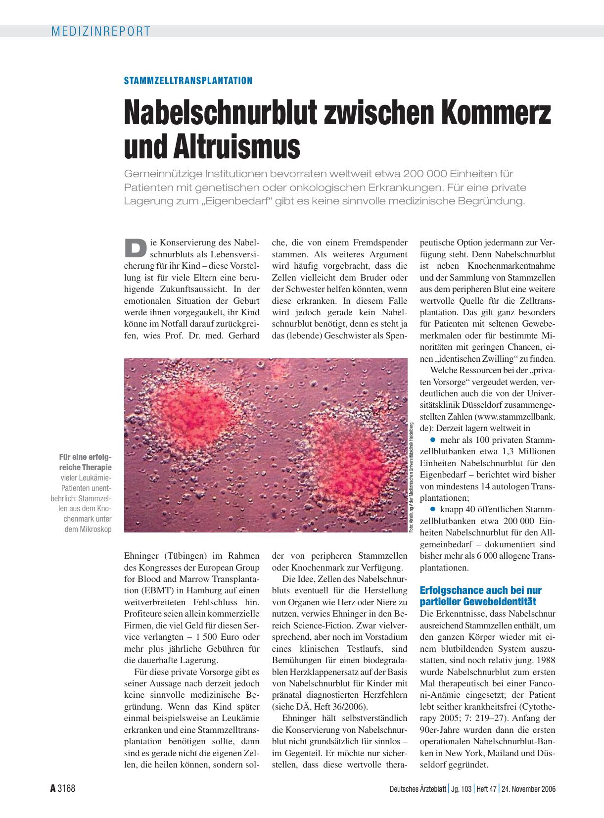 Vorschauseite 1: Stammzelltransplantation: Nabelschnurblut zwischen Kommerz und Altruismus
