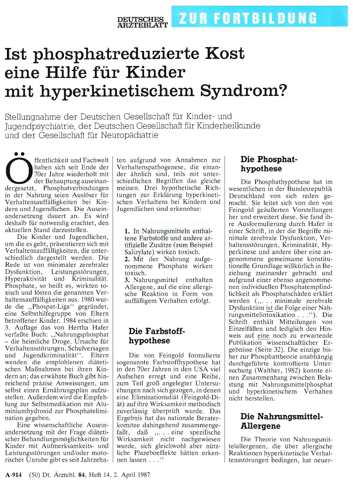 Vorschauseite 1: Ist phosphatreduzierte Kost eine Hilfe für Kinder mit hyperkinetischem Syndrom?