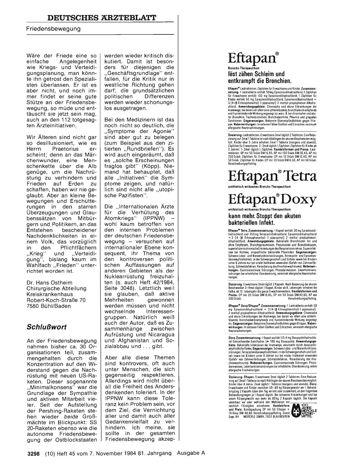 Vorschauseite 1: „Am Beispiel der Mediziner: Agonie der Friedensbewegung“: Schlußwort