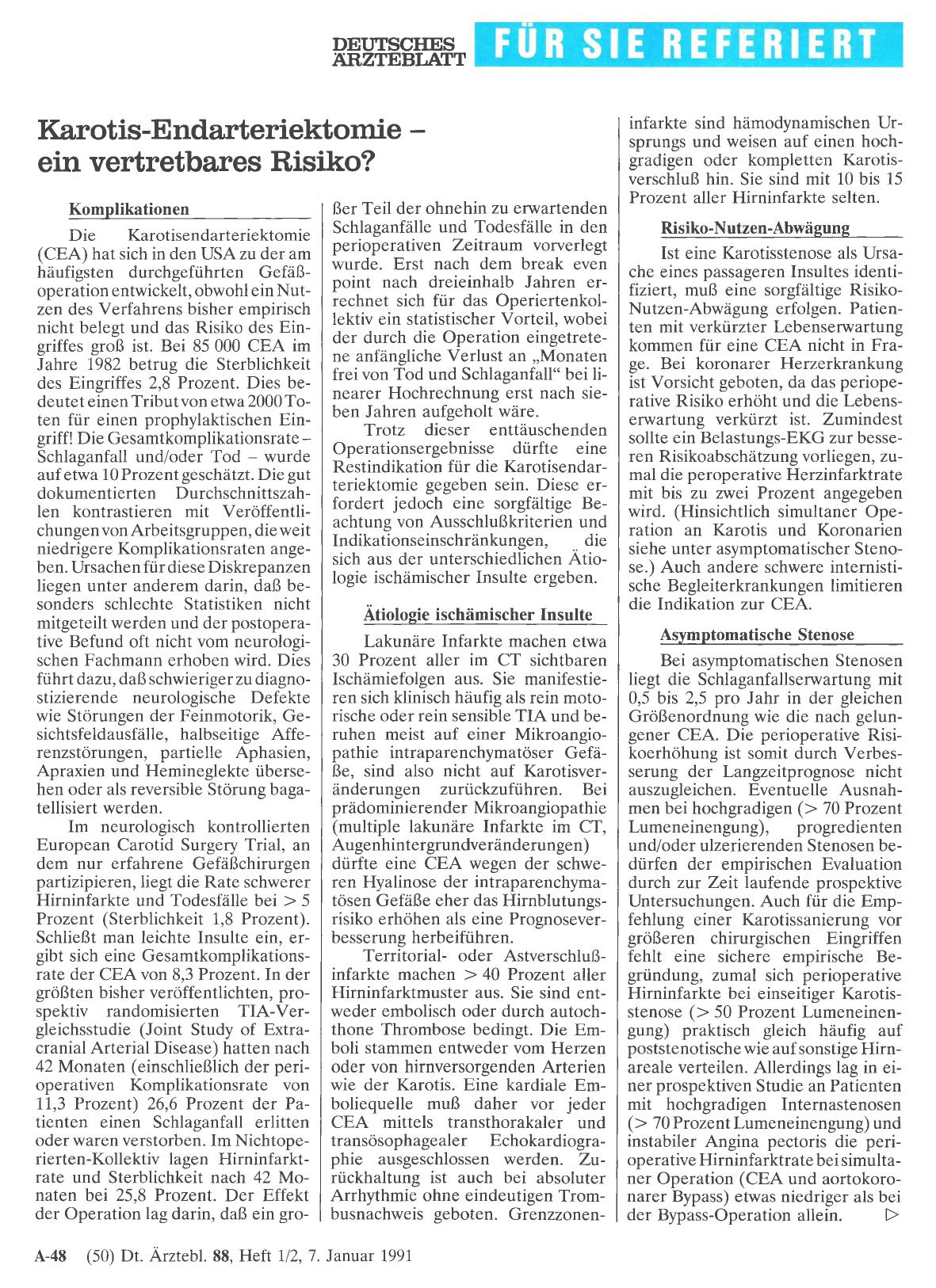 Vorschauseite 1: Karotis-Endarteriektomie - ein vertretbares Risiko?
