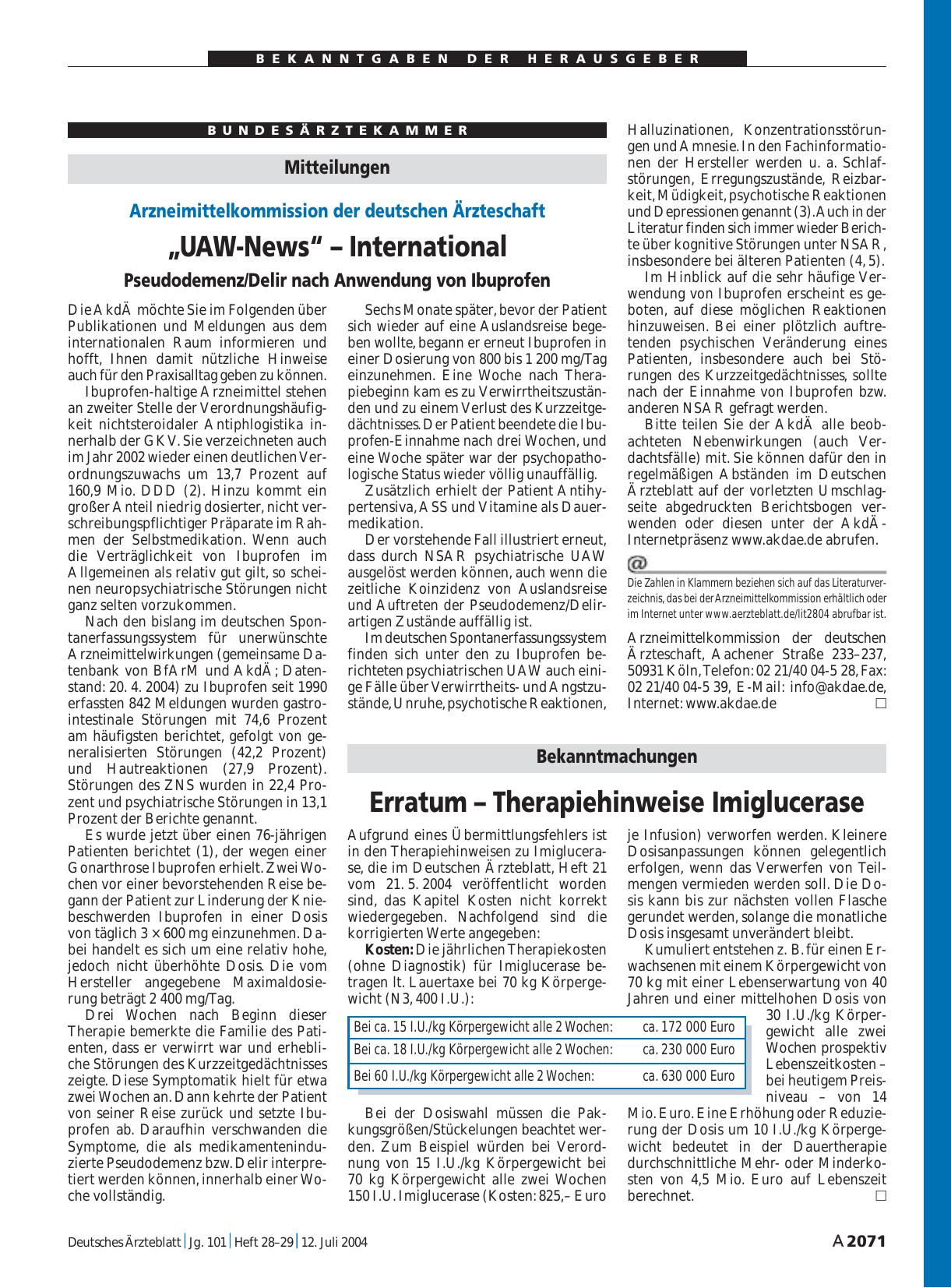 Vorschauseite 1: Mitteilungen: „UAW-News“ – International - Pseudodemenz/Delir nach Anwendung von Ibuprofen