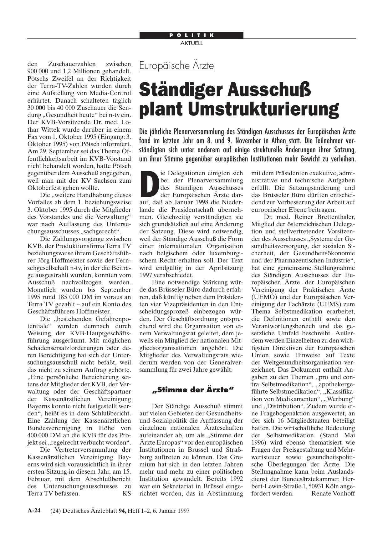 Vorschauseite 1: Europäische Ärzte: Ständiger Ausschuß plant Umstrukturierung
