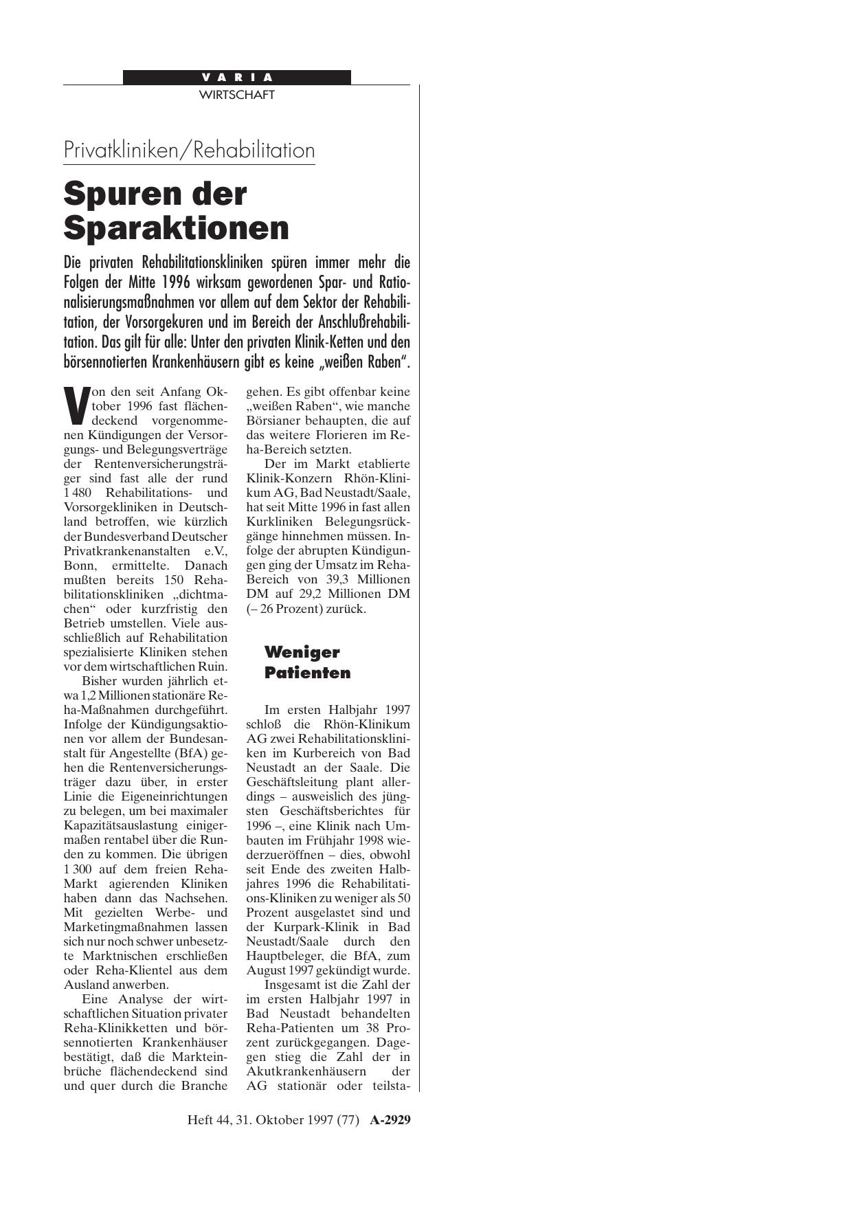 Vorschauseite 1: Privatkliniken/Rehabilitation: Spuren der Sparaktionen