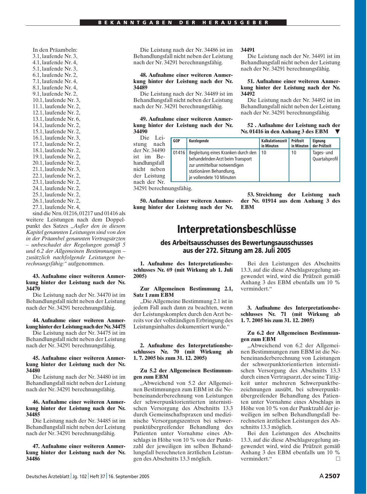 Vorschauseite 1: Interpretationsbeschlüsse des Arbeitsausschusses des Bewertungsausschusses aus der 272. Sitzung am 28. Juli 2005