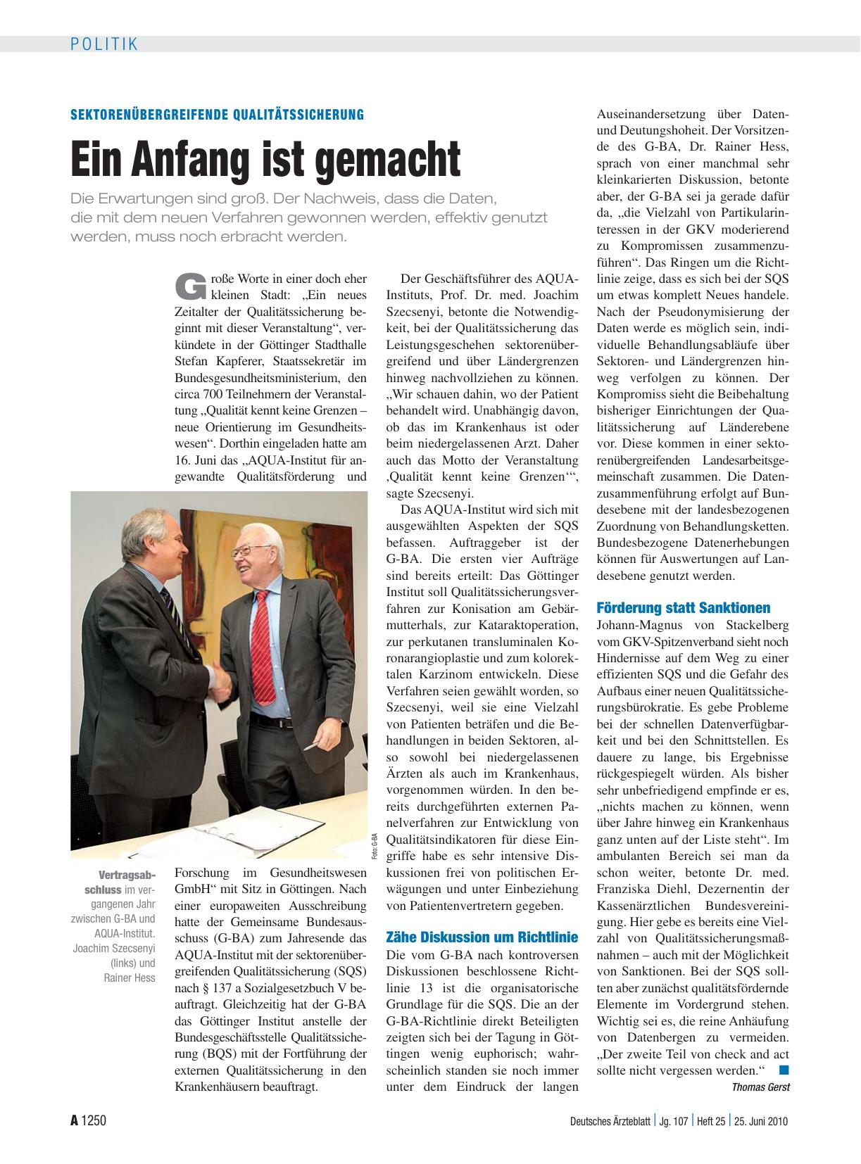 Vorschauseite 1: Sektorenübergreifende Qualitätssicherung: Ein Anfang ist gemacht