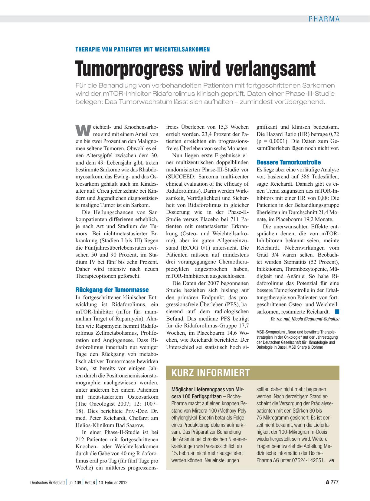Vorschauseite 1: Therapie von Patienten mit Weichteilsarkomen: Tumorprogress wird verlangsamt