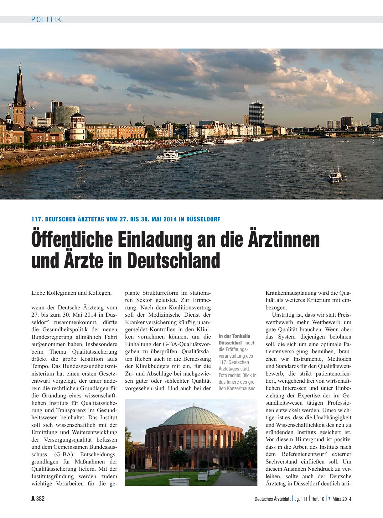 Vorschauseite 1: 117. Deutscher Ärztetag vom 27. bis 30. Mai 2014 in Düsseldorf: Öffentliche Einladung an die Ärztinnen und Ärzte in Deutschland