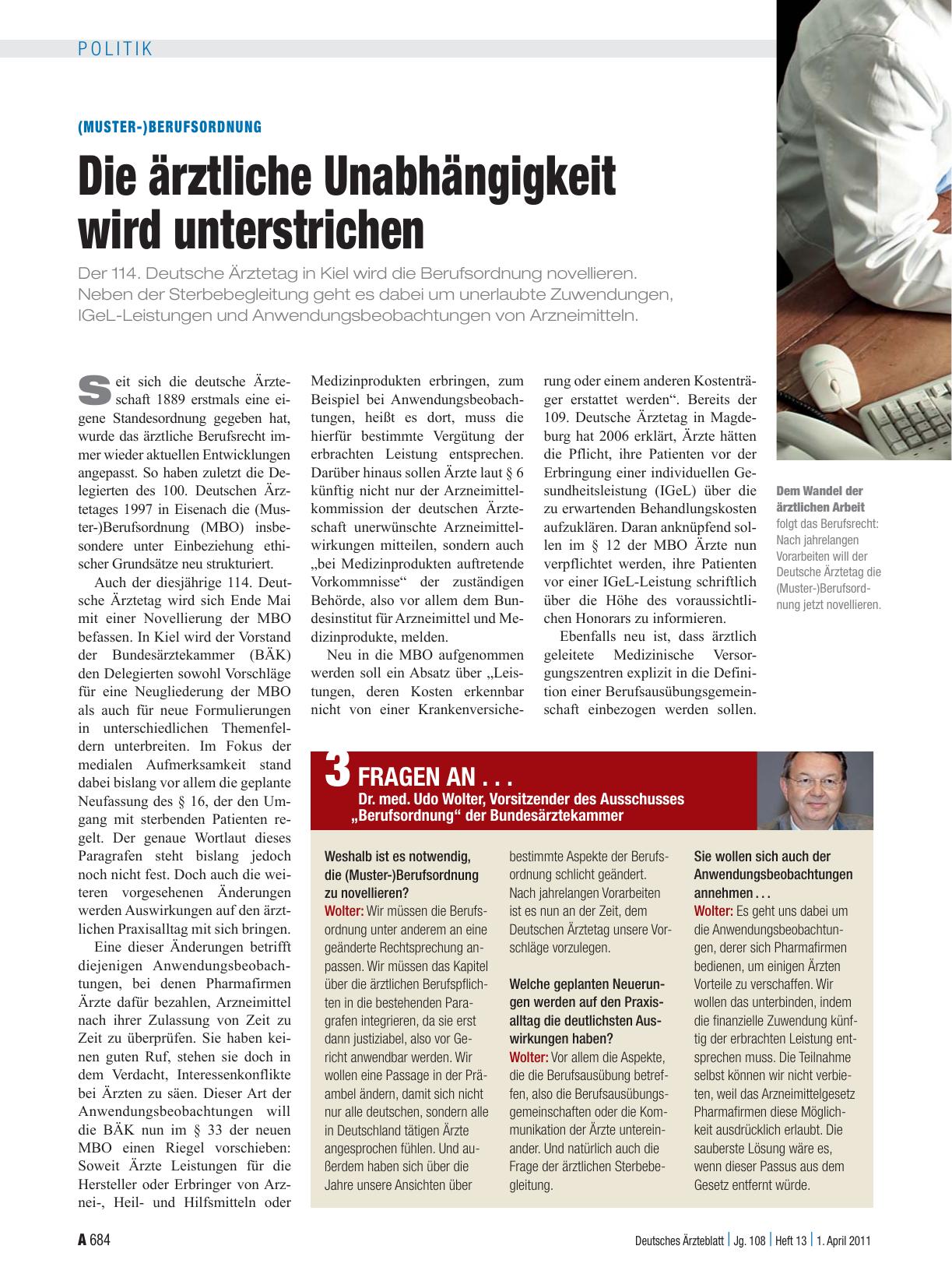 Vorschauseite 1: (Muster-)Berufsordnung: Die ärztliche Unabhängigkeit wird unterstrichen
