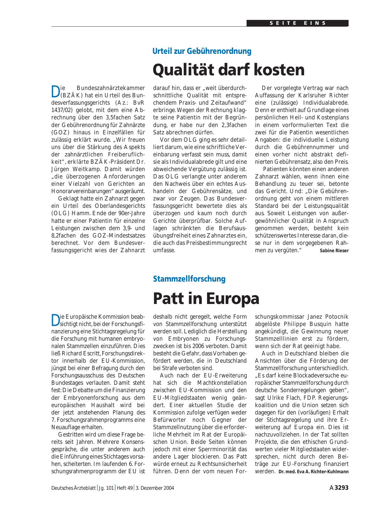 Vorschauseite 1: Stammzellforschung: Patt in Europa