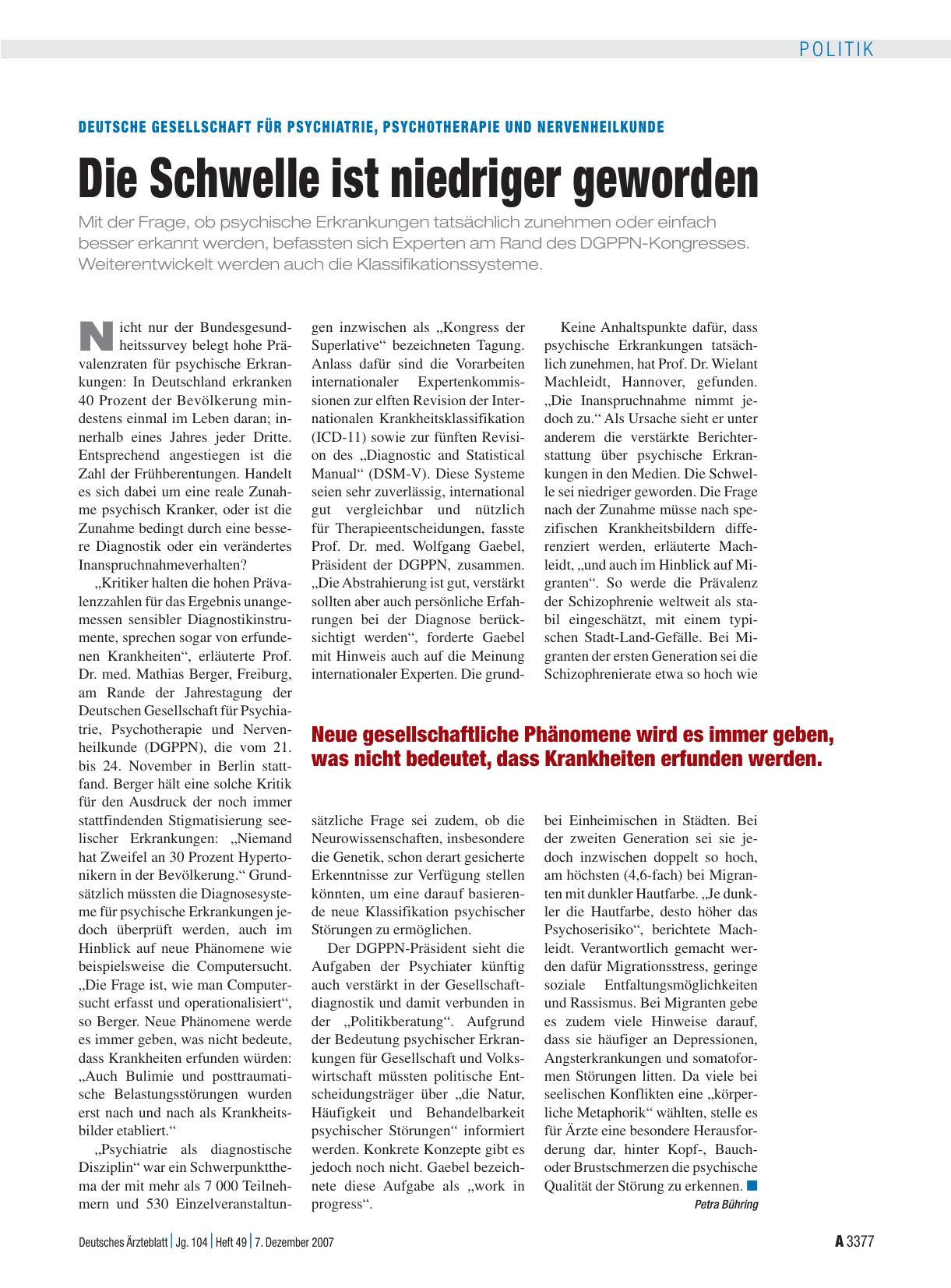 Vorschauseite 1: Deutsche Gesellschaft für Psychiatrie, Psychotherapie und Nervenheilkunde: Die Schwelle ist niedriger geworden