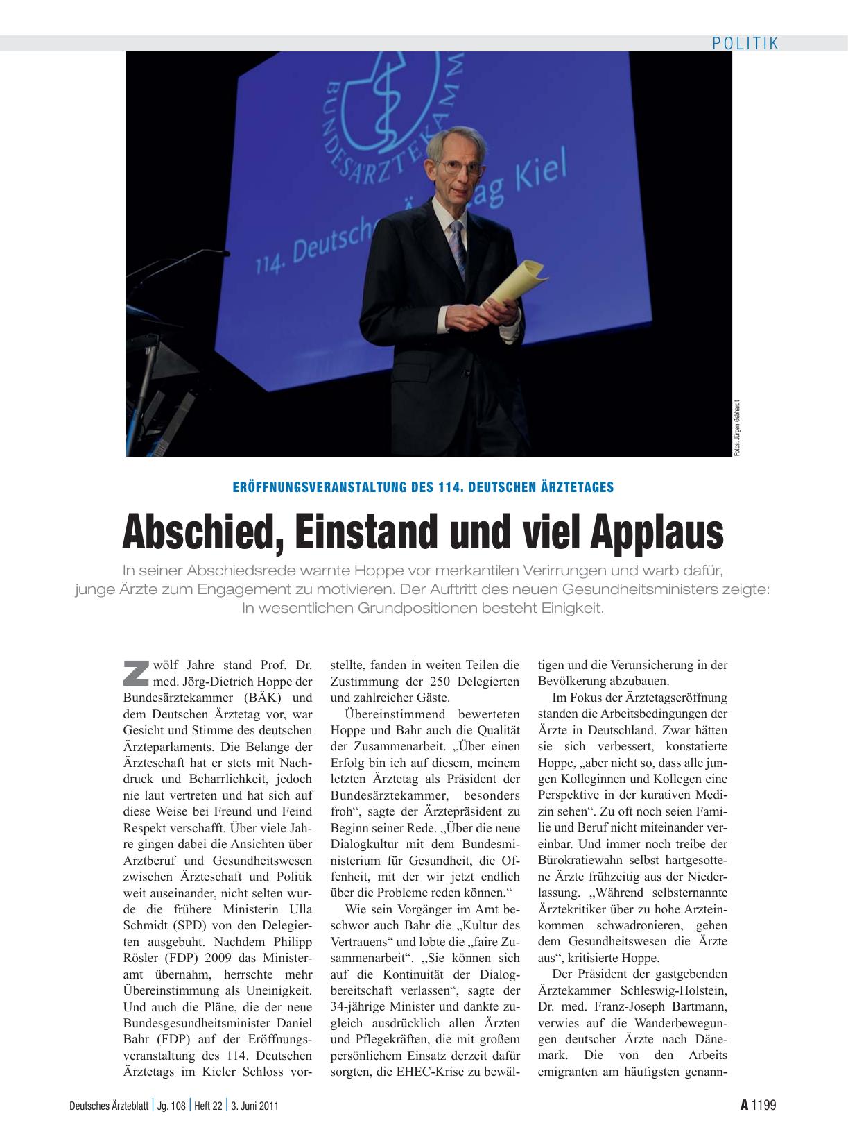 Vorschauseite 1: Eröffnungsveranstaltung des 114. Deutschen Ärztetages: Abschied, Einstand und viel Applaus