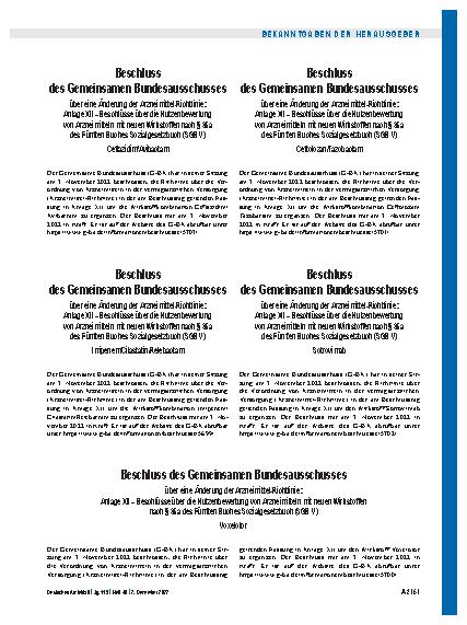Vorschauseite 1: Beschluss des Gemeinsamen Bundesausschusses über eine Änderung der Arzneimittel-Richtlinie: Imipenem/Cilastatin/Relebactam