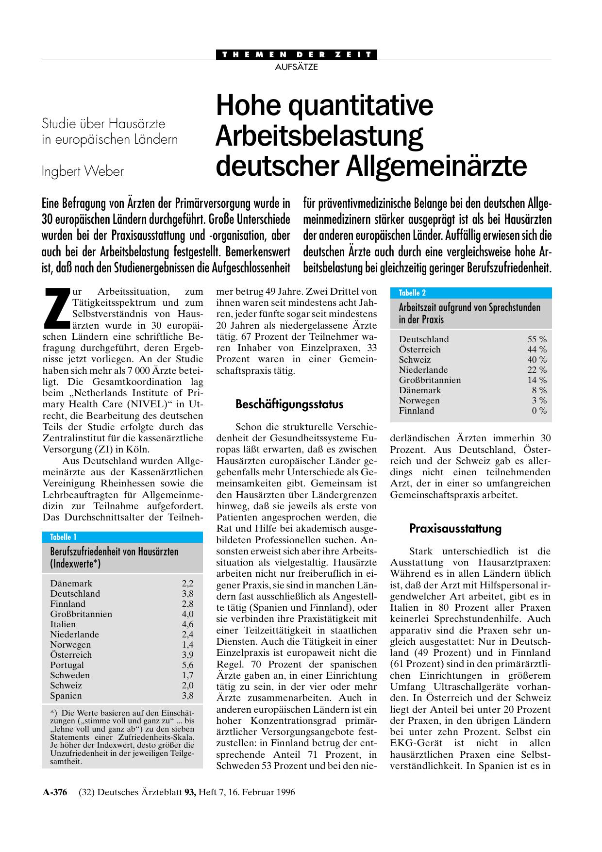 Vorschauseite 1: Studie über Hausärzte in europäischen Ländern: Hohe quantitative Arbeitsbelastung deutscher Allgemeinärzte