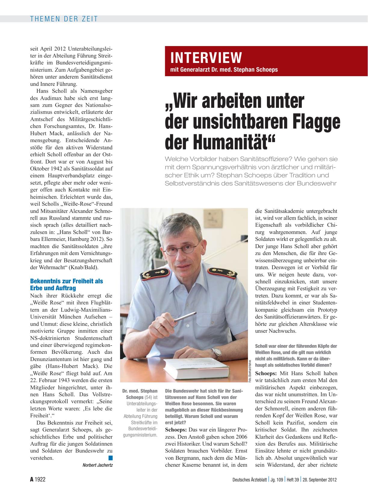 Vorschauseite 1: Interview mit Generalarzt Dr. med. Stephan Schoeps: „Wir arbeiten unter der unsichtbaren Flagge der Humanität“