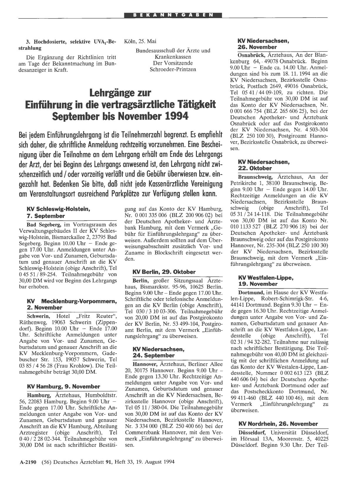 Vorschauseite 1: Lehrgänge zur Einführung in die vertragsärztliche Tätigkeit September bis November 1994
