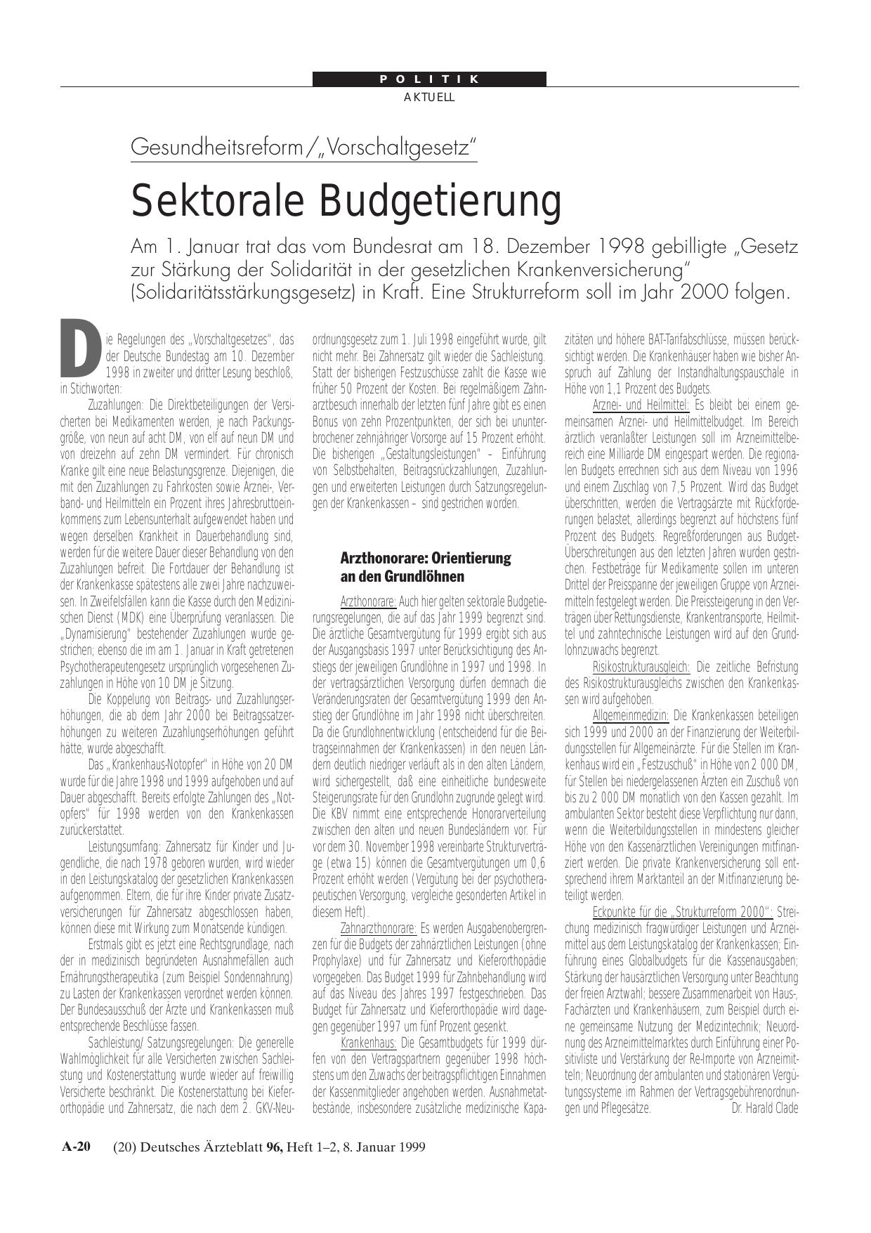 Vorschauseite 1: Gesundheitsreform/„Vorschaltgesetz“: Sektorale Budgetierung