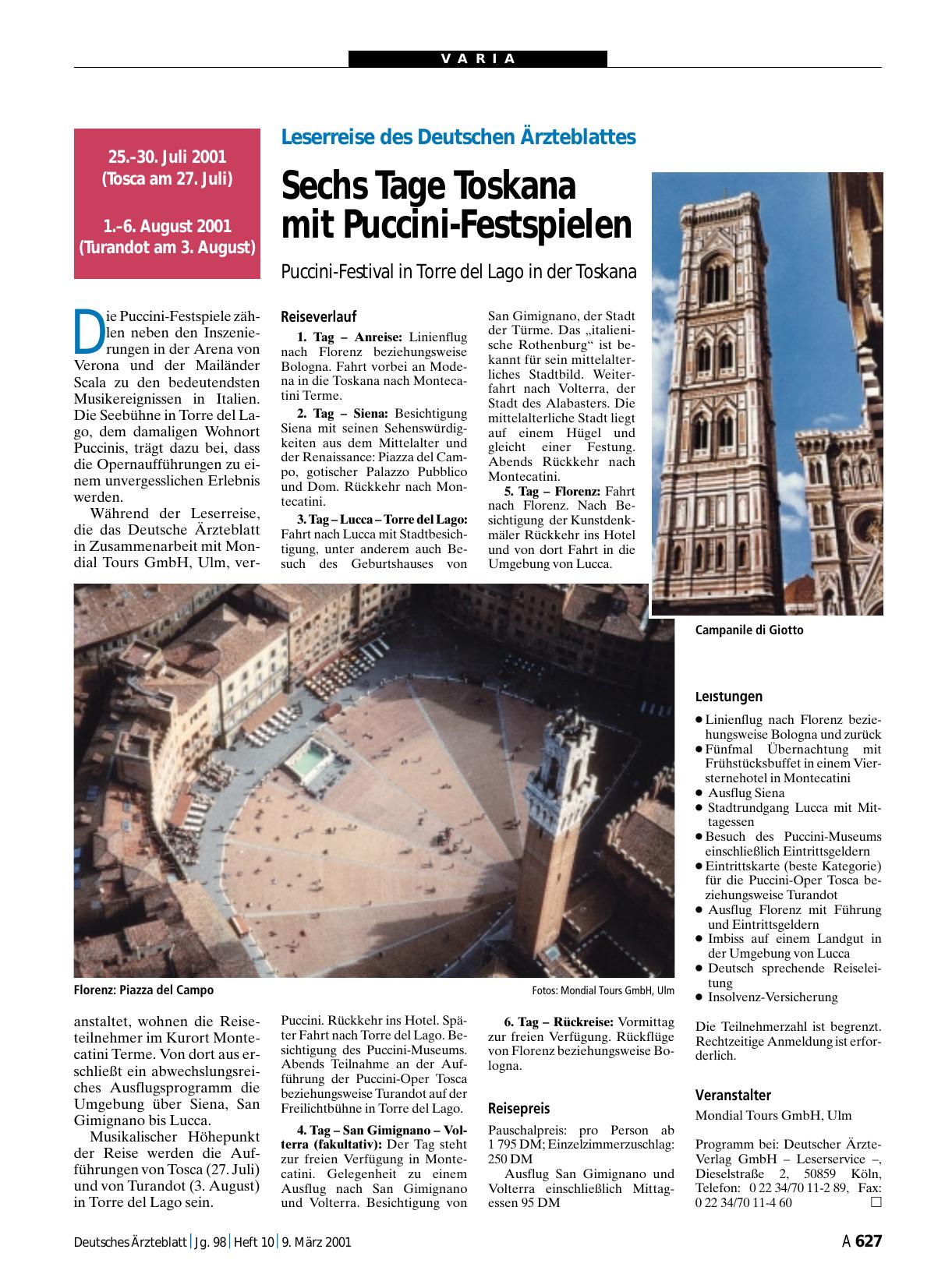 Vorschauseite 1: Leserreise des Deutschen Ärzteblattes: Sechs Tage Toskana mit Puccini-Festspielen